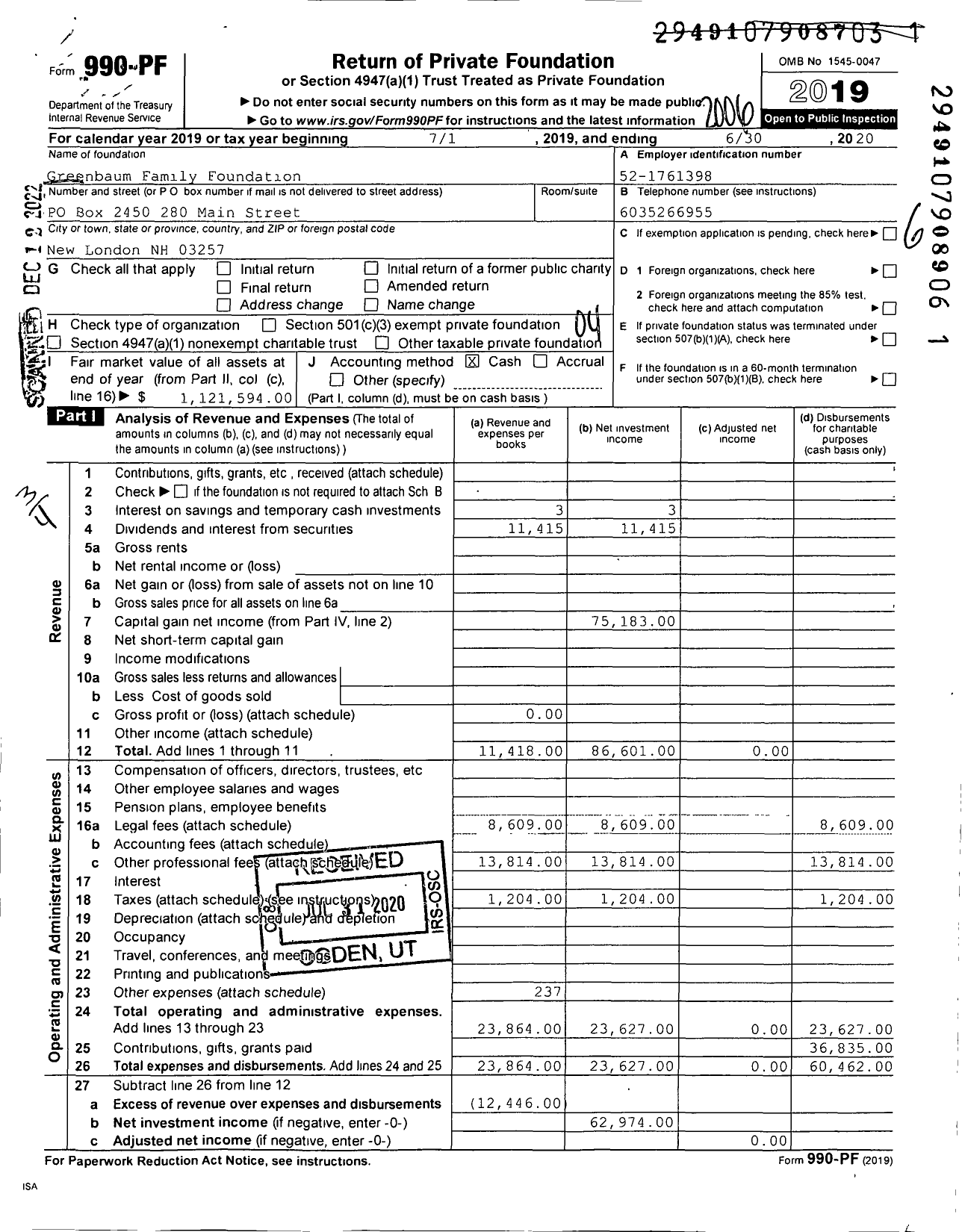 Image of first page of 2019 Form 990PF for GREENBAUM FAMily Foundation