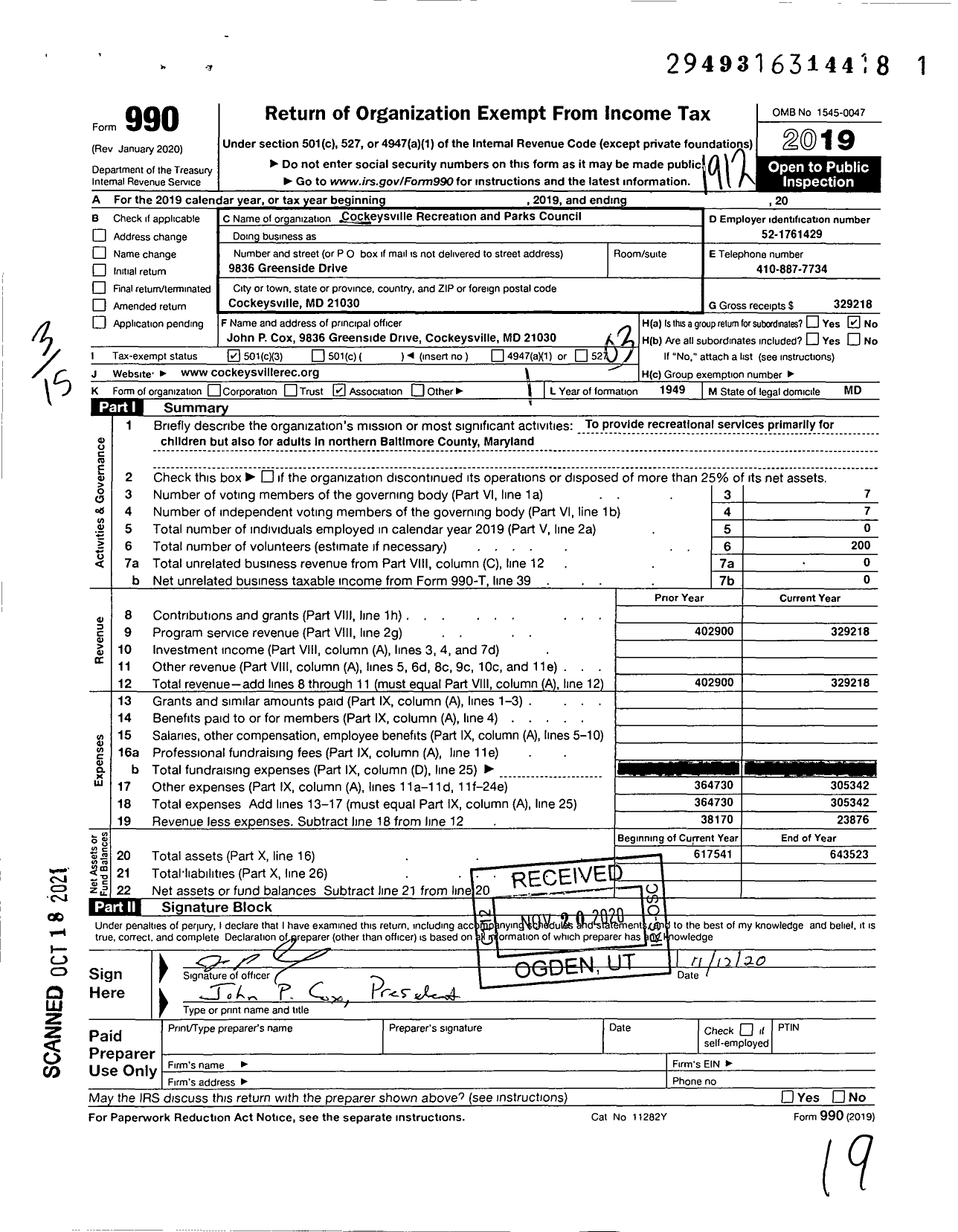 Image of first page of 2019 Form 990 for Cockeysville Recreation and Parks Council