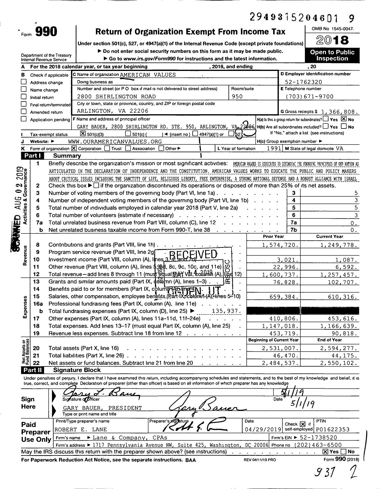 Image of first page of 2018 Form 990 for American Values