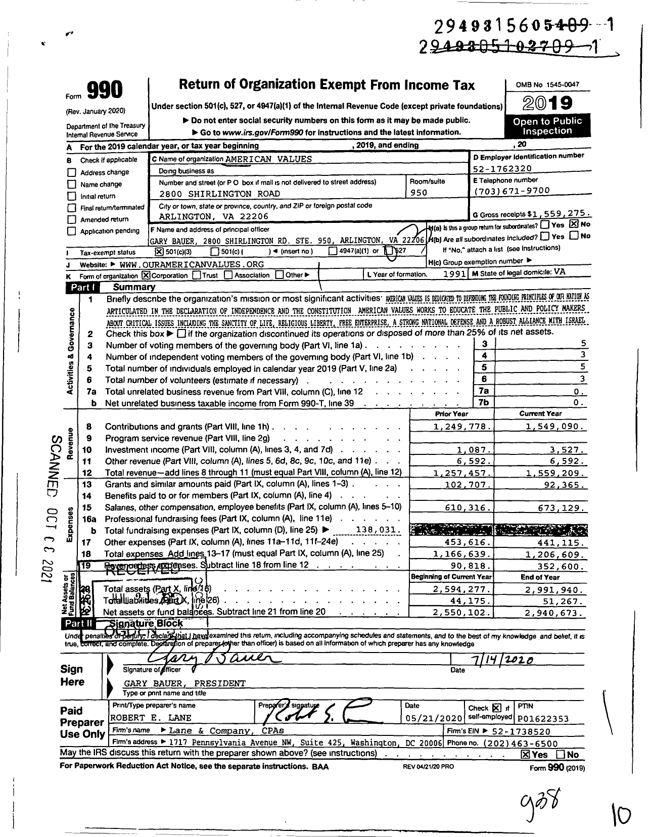Image of first page of 2019 Form 990 for American Values