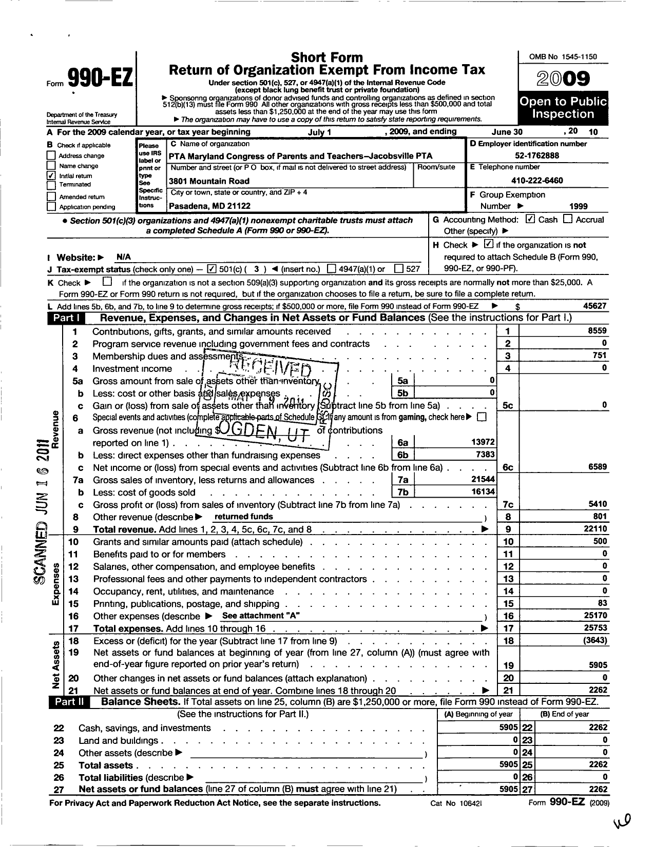 Image of first page of 2009 Form 990EZ for PTA Delaware Congress / Jacobsville Elementary PTA