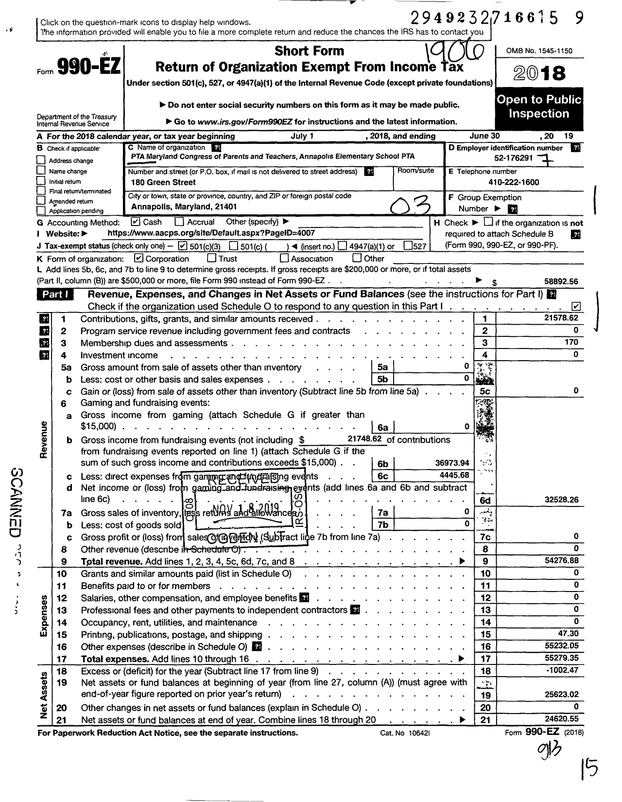 Image of first page of 2018 Form 990EZ for PTA DELAWARE Congress - PTA Maryland Congress of Parents & Teachers Inc Annapolis Elementary School PTA