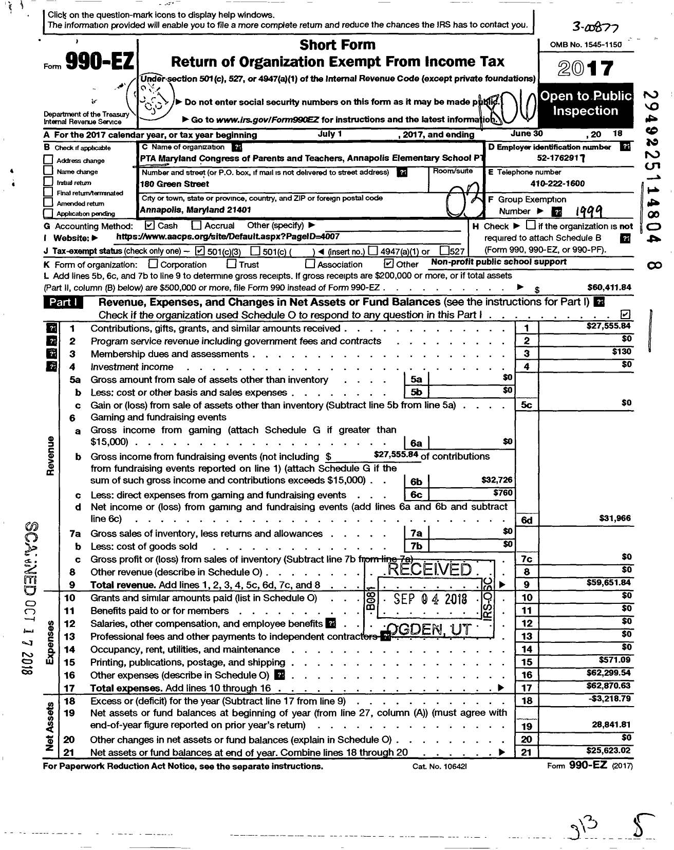 Image of first page of 2017 Form 990EZ for PTA DELAWARE Congress - PTA Maryland Congress of Parents & Teachers Inc Annapolis Elementary School PTA