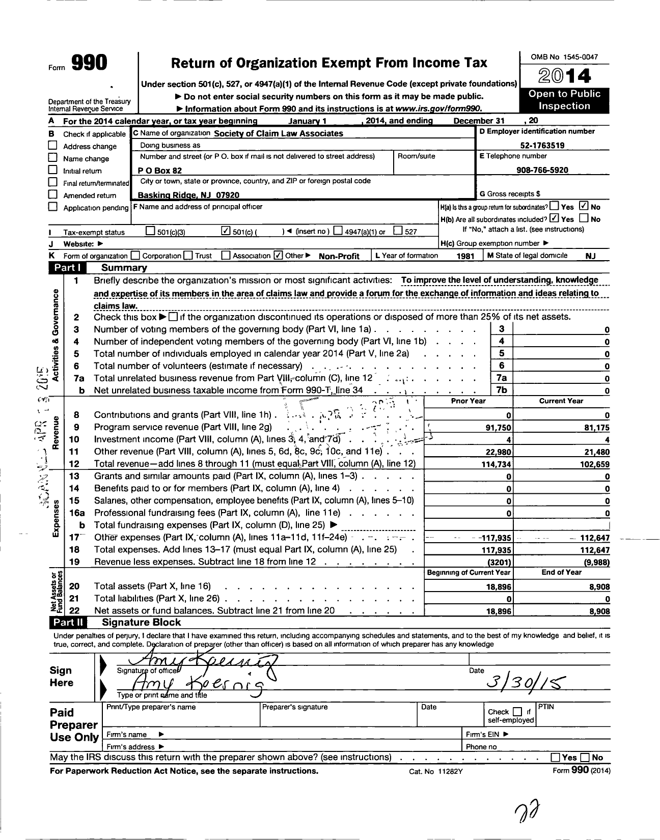 Image of first page of 2014 Form 990O for Society of Claim Law Associates