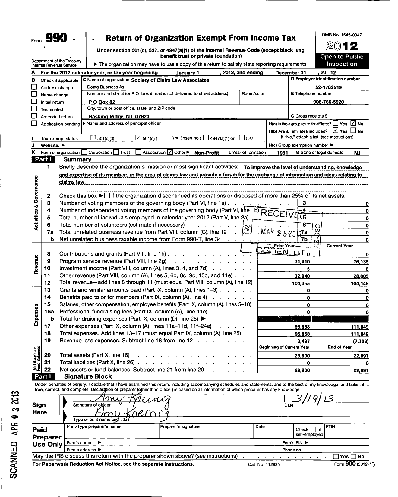 Image of first page of 2012 Form 990O for Society of Claim Law Associates