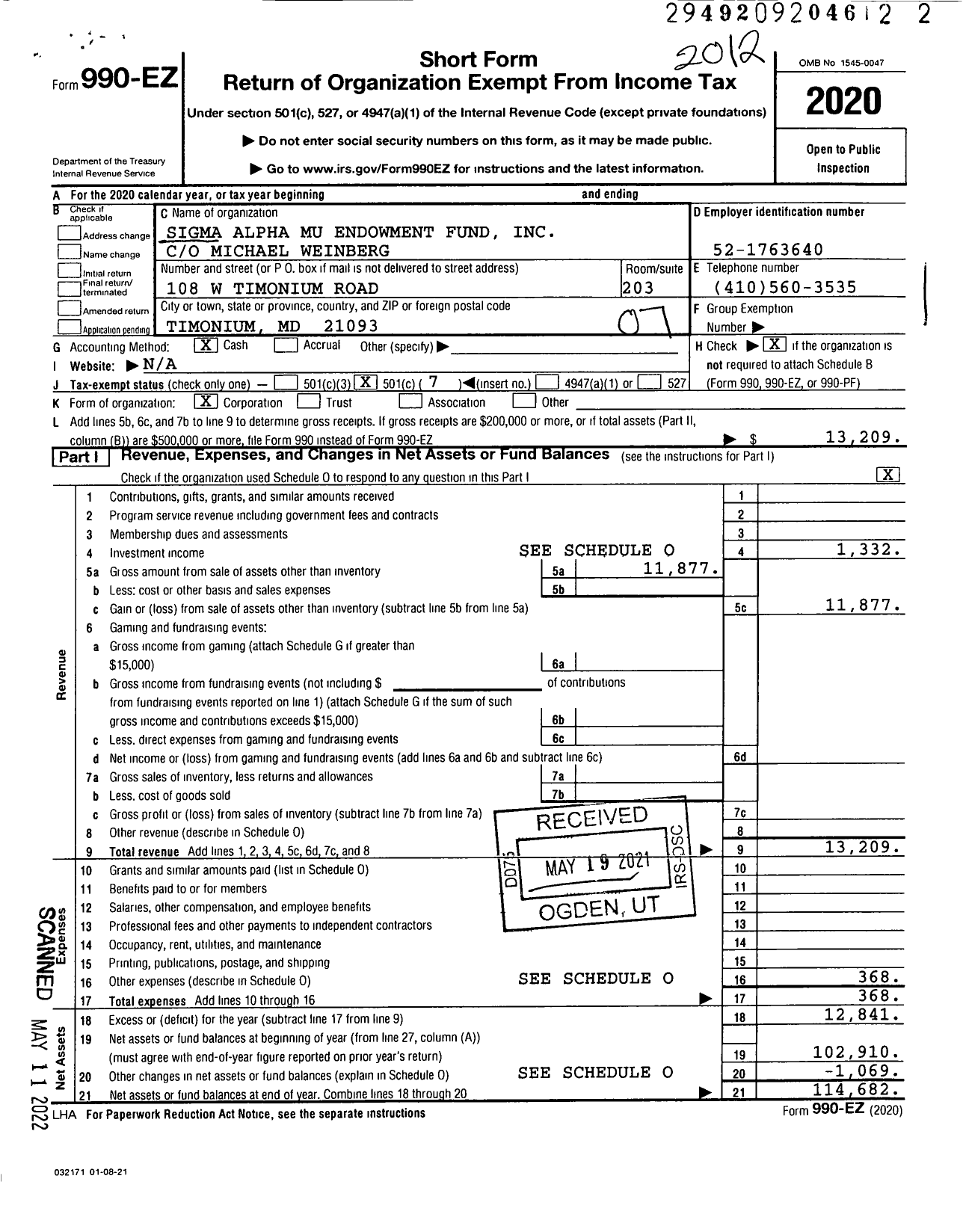 Image of first page of 2020 Form 990EO for Sigma Alpha Mu Endowment Fund