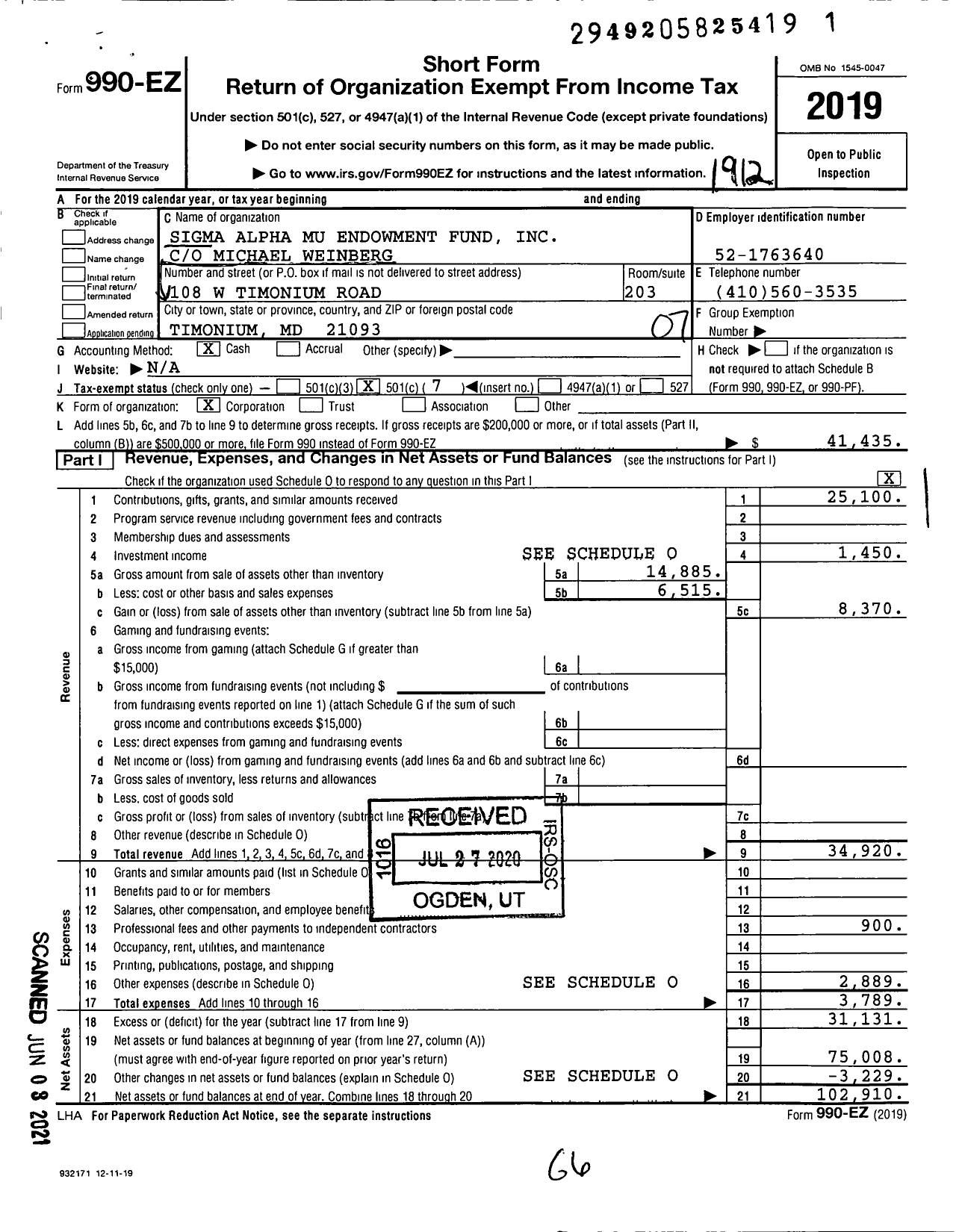 Image of first page of 2019 Form 990EO for Sigma Alpha Mu Endowment Fund