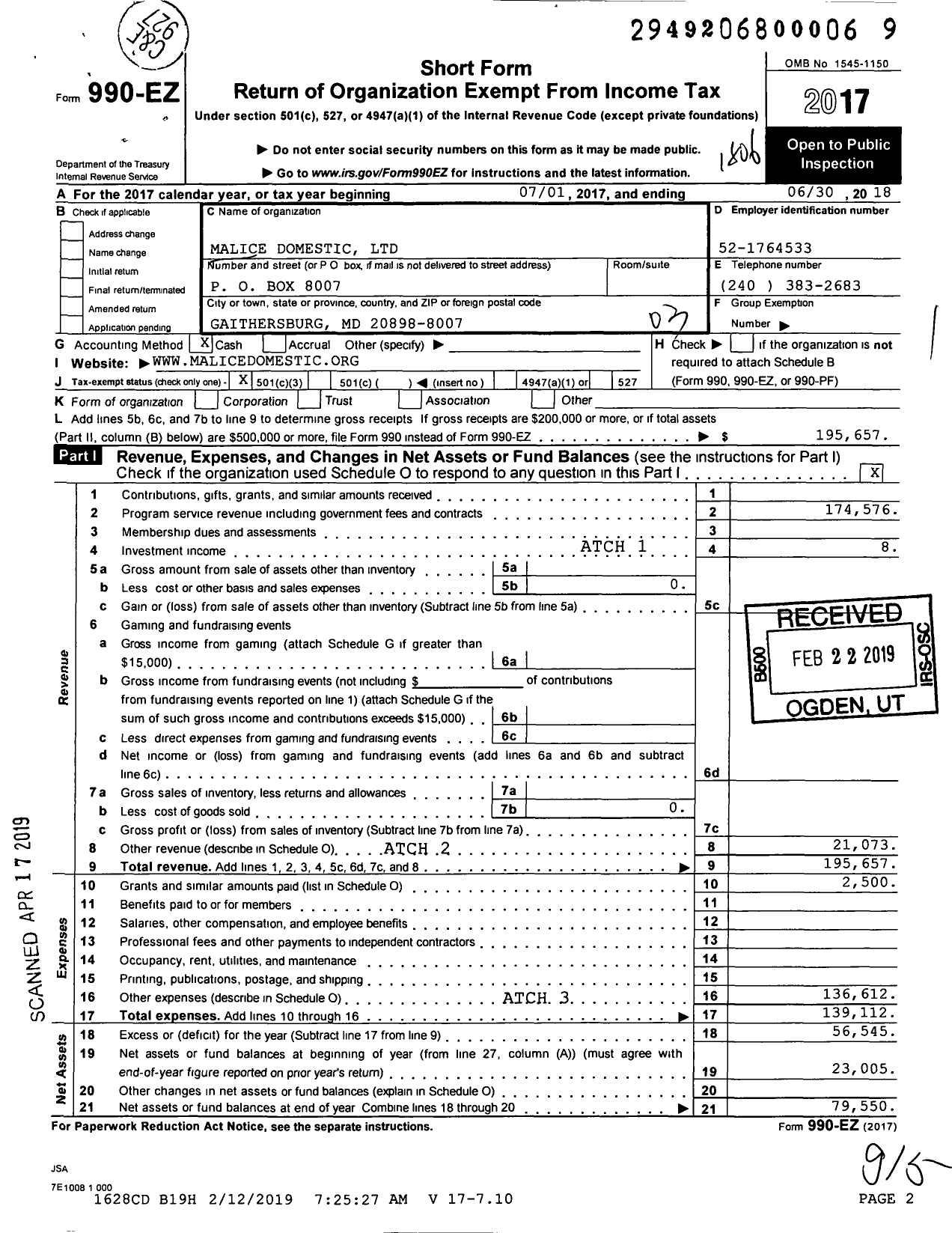 Image of first page of 2017 Form 990EZ for Malice Domestic