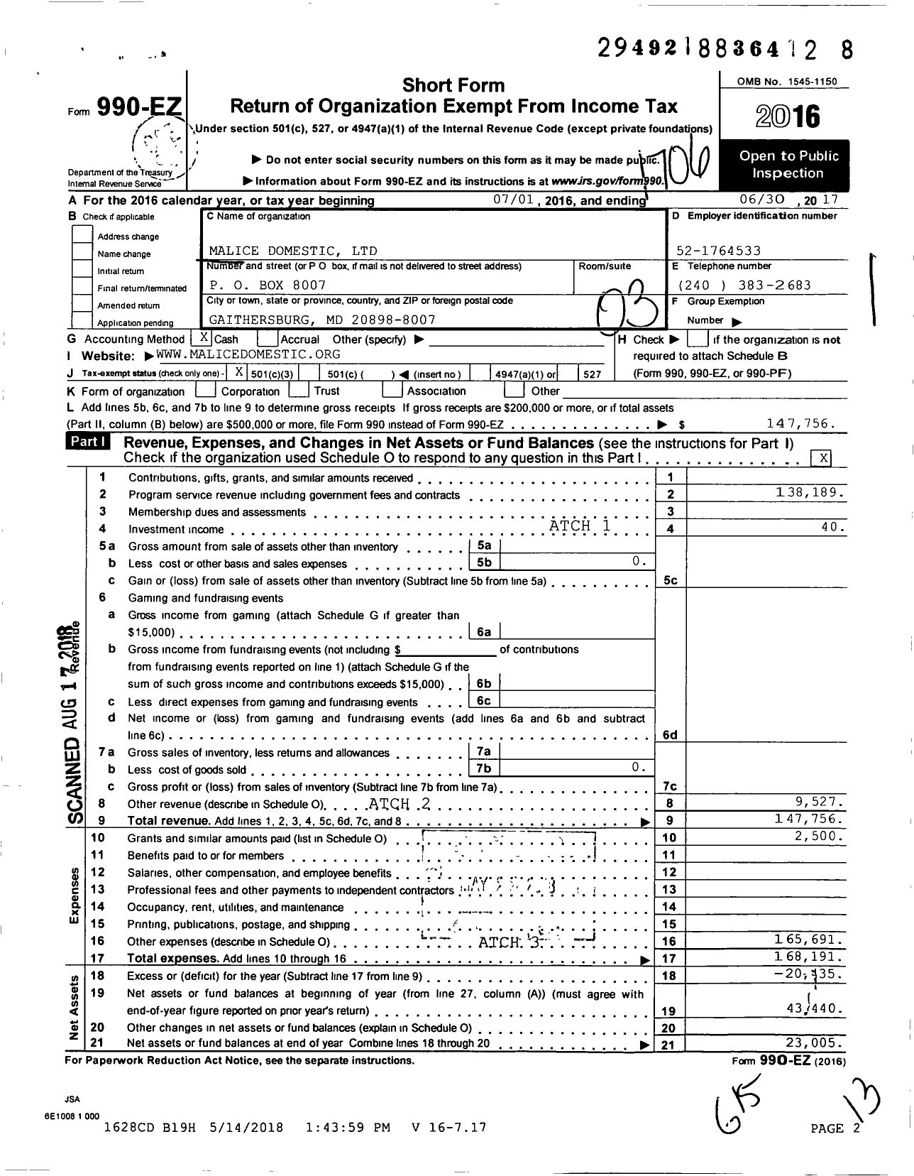 Image of first page of 2016 Form 990EZ for Malice Domestic