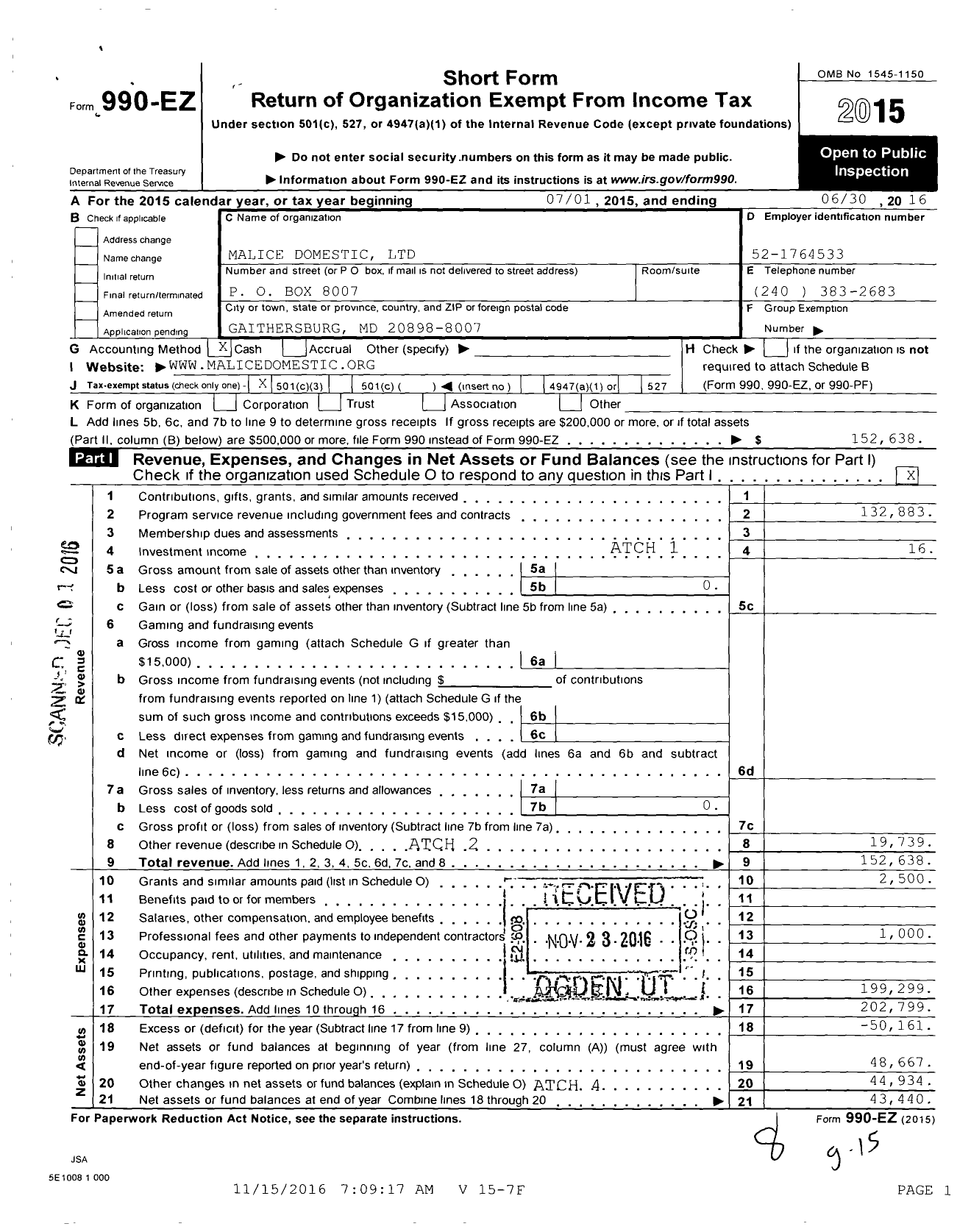 Image of first page of 2015 Form 990EZ for Malice Domestic