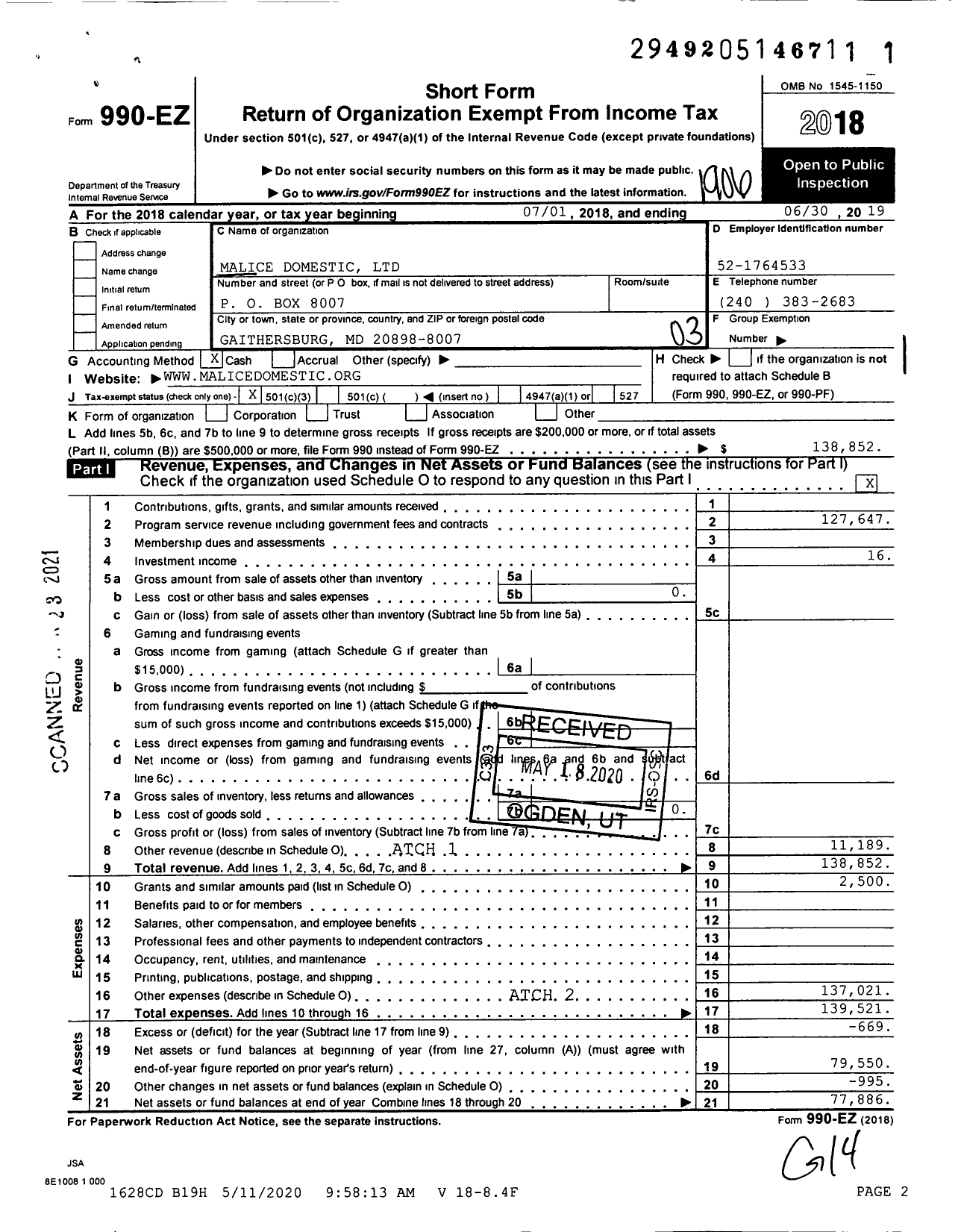 Image of first page of 2018 Form 990EZ for Malice Domestic