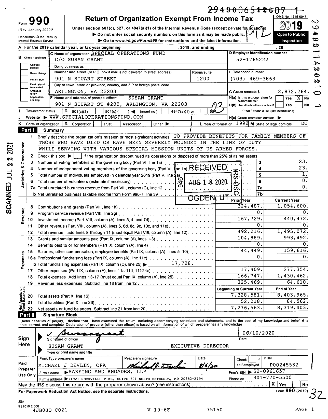 Image of first page of 2019 Form 990 for Special Operations Fund