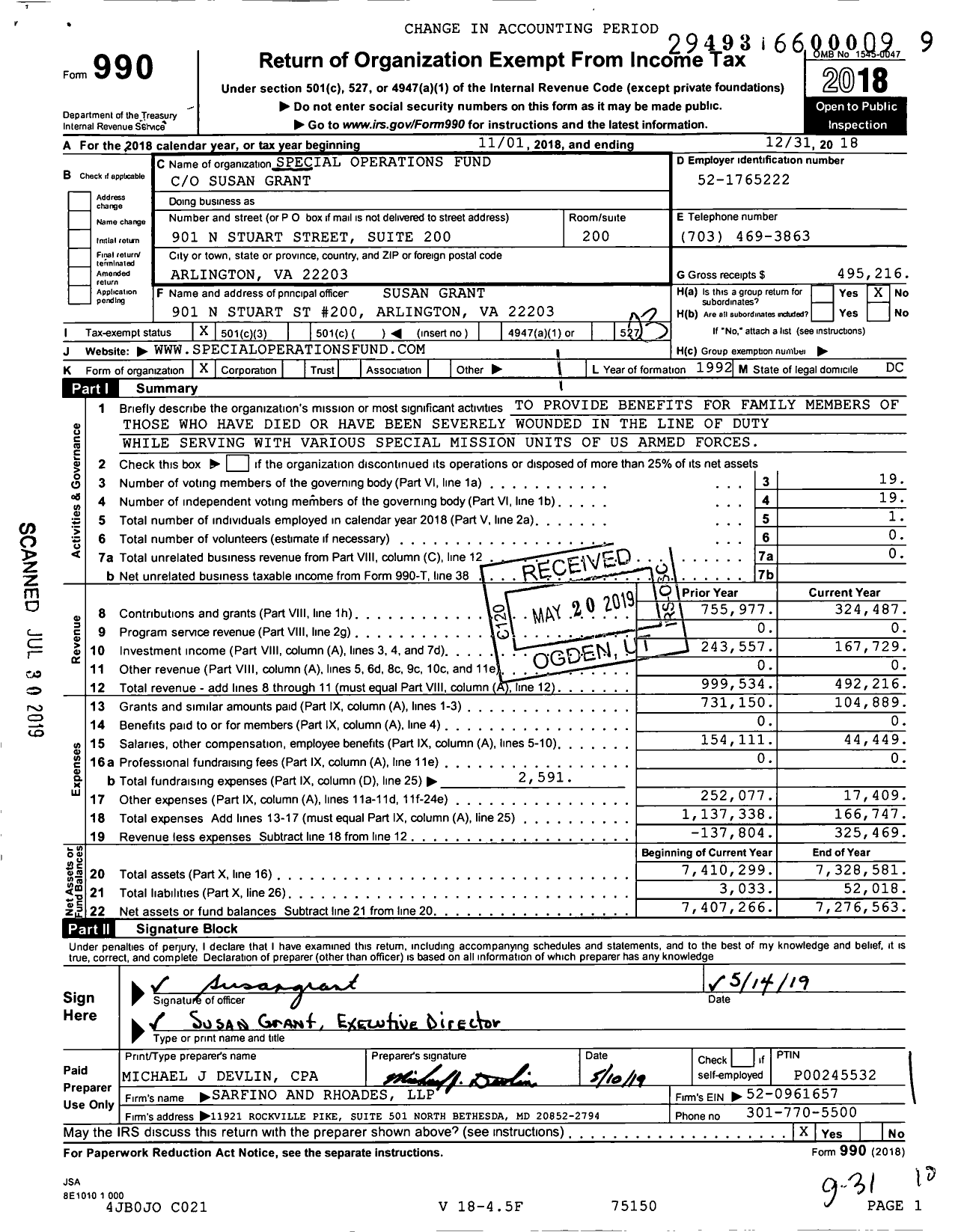 Image of first page of 2018 Form 990 for Special Operations Fund