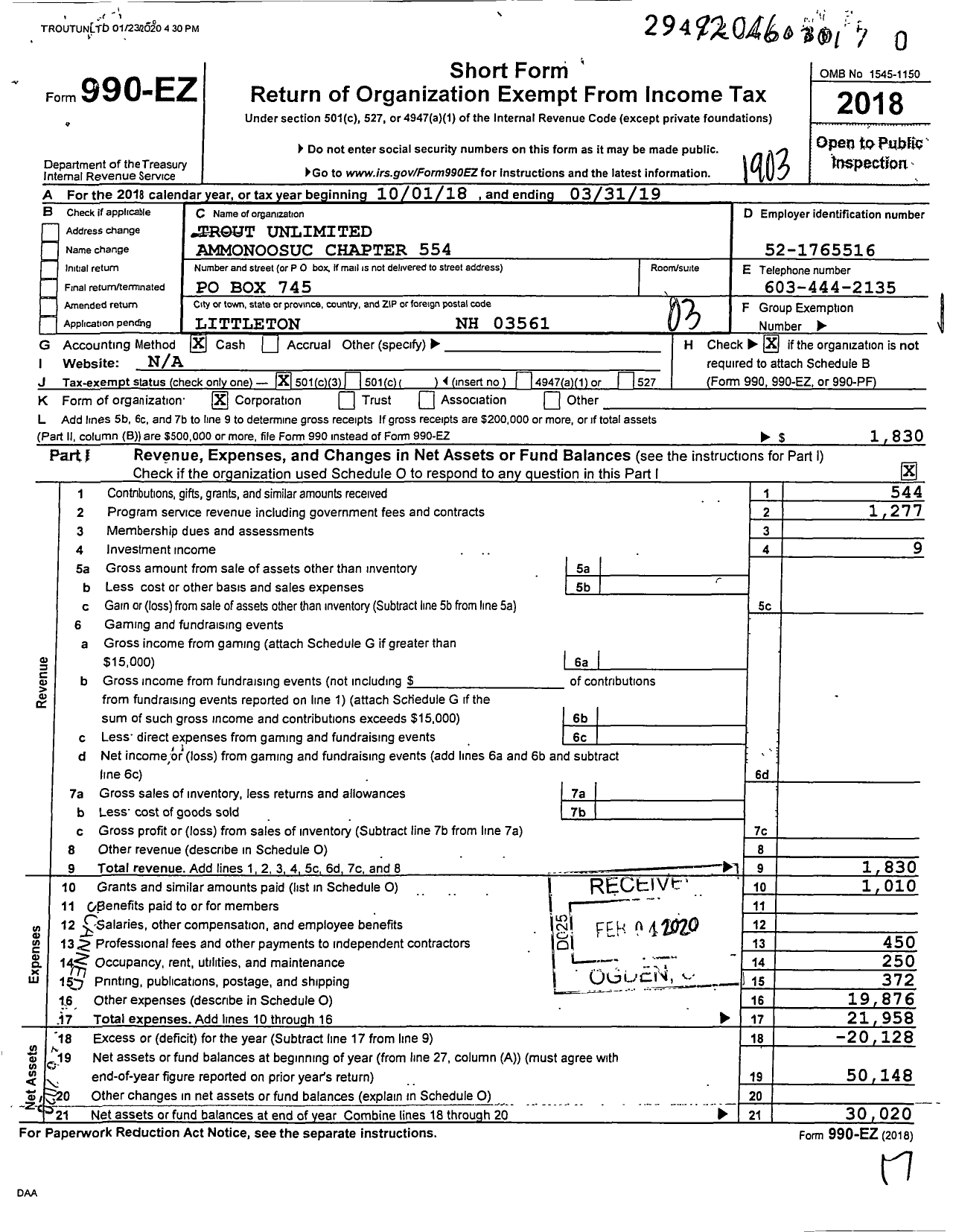 Image of first page of 2018 Form 990EZ for Trout Unlimited - 554 Ammonoosuc