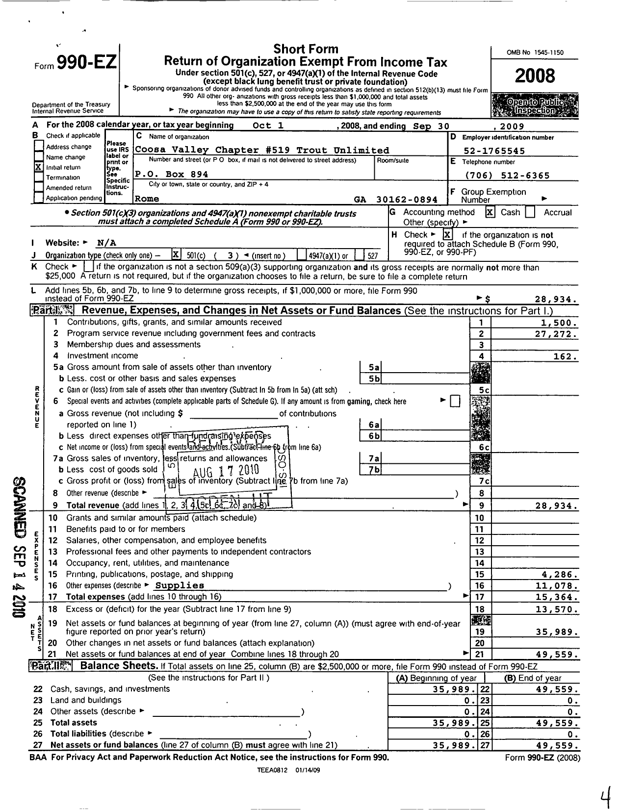 Image of first page of 2008 Form 990EZ for Trout Unlimited - 519 Coosa Valley