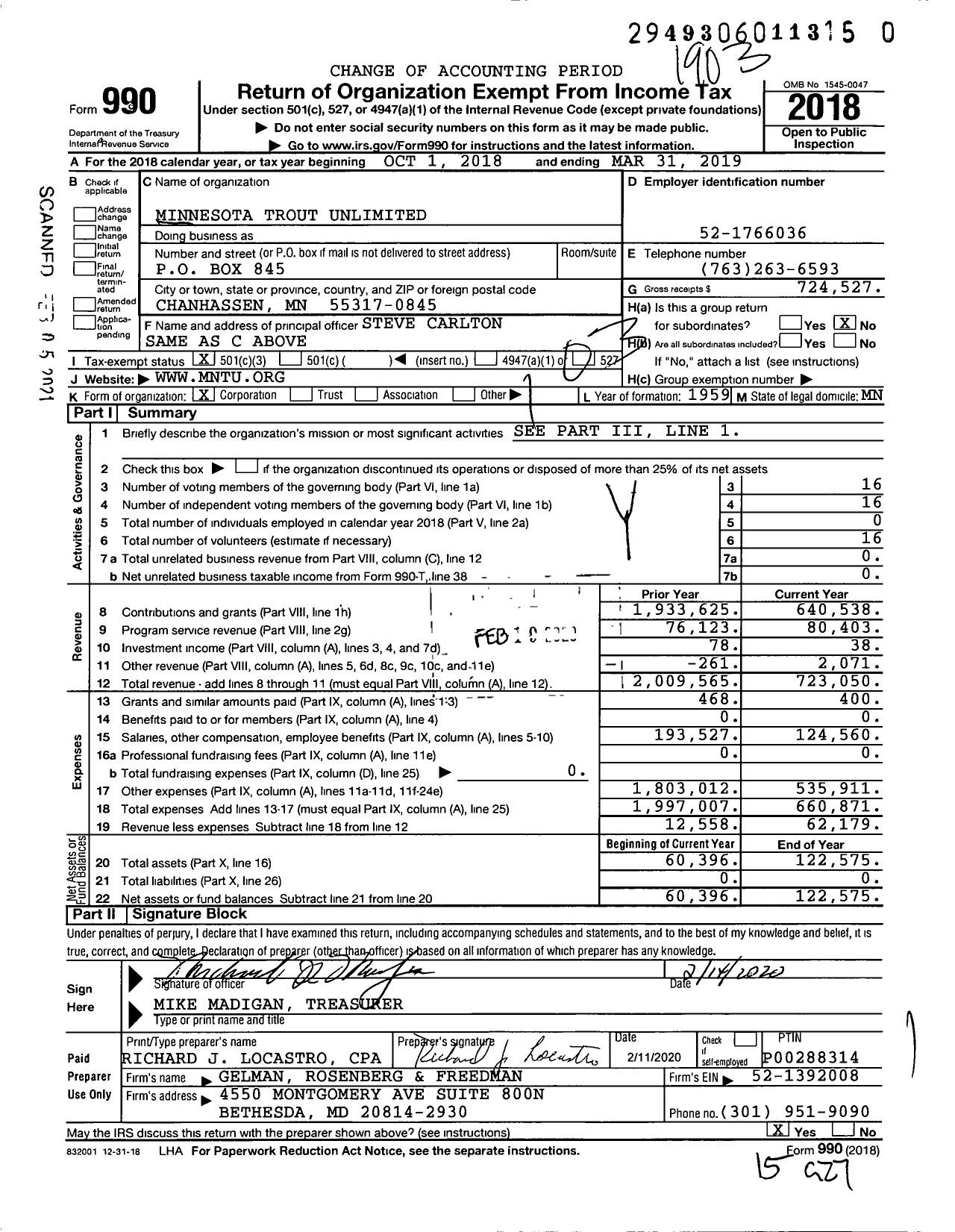 Image of first page of 2018 Form 990 for Trout Unlimited - Minnesota Council