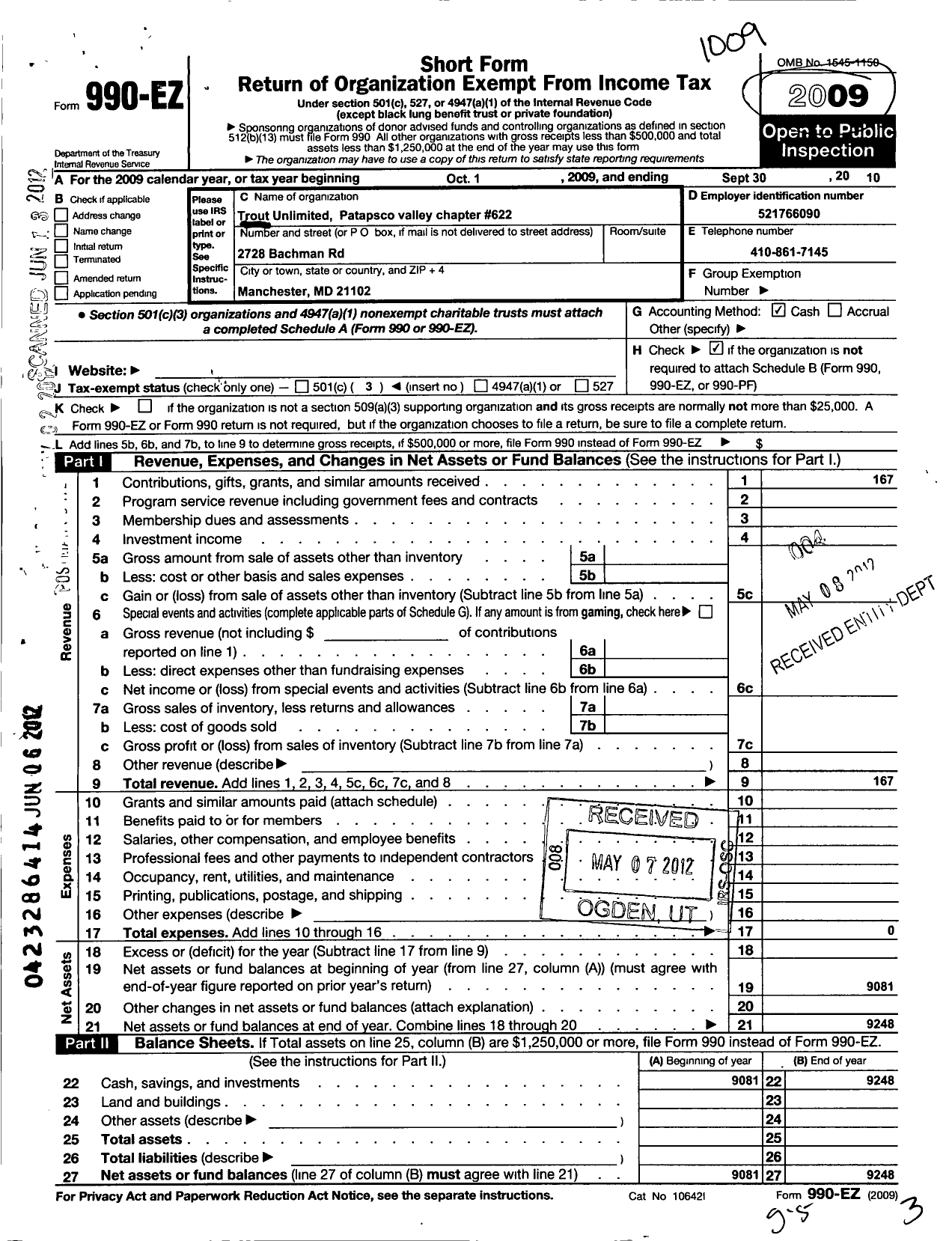 Image of first page of 2009 Form 990EZ for Trout Unlimited - 622 Petapsco Valley