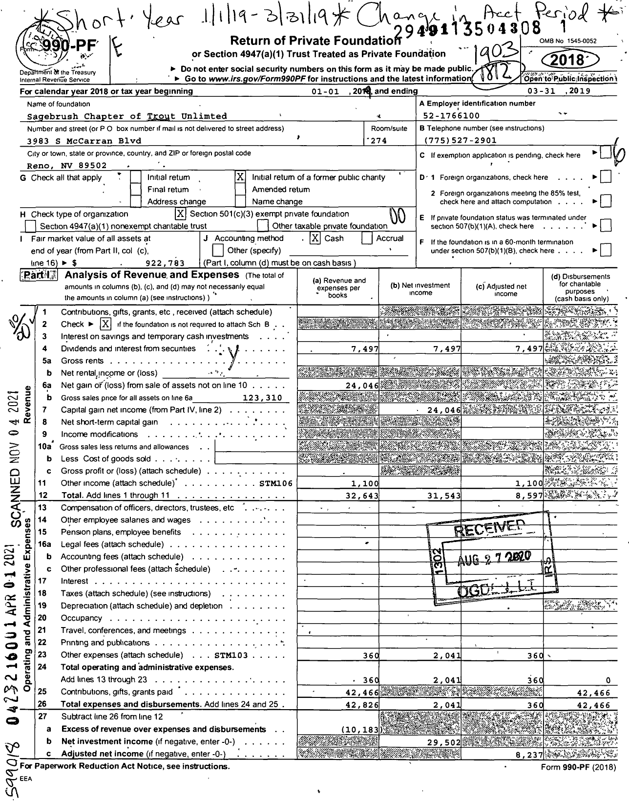 Image of first page of 2018 Form 990PF for Trout Unlimited - 607 Sagebrush