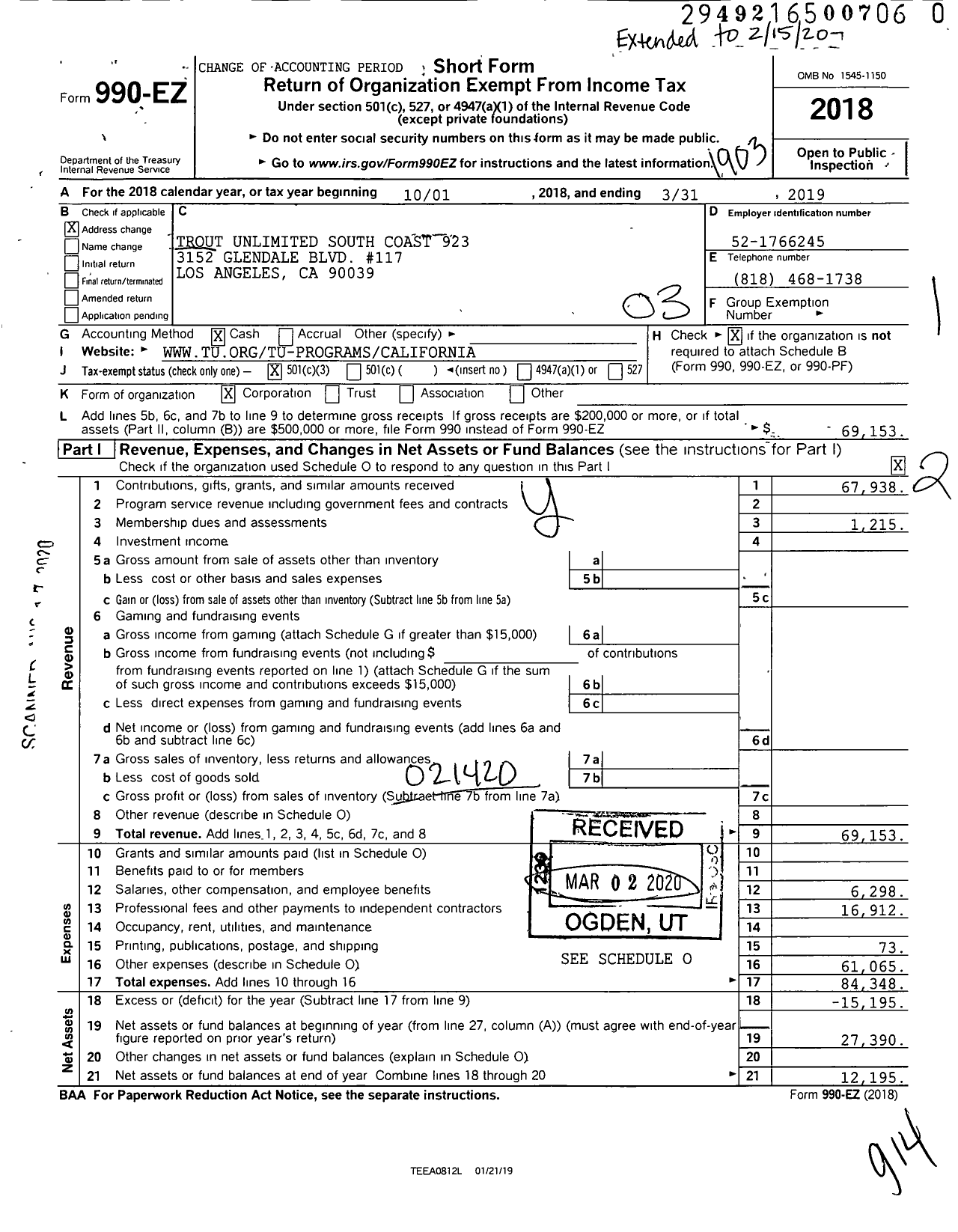 Image of first page of 2018 Form 990EZ for Trout Unlimited - 923 South Coast