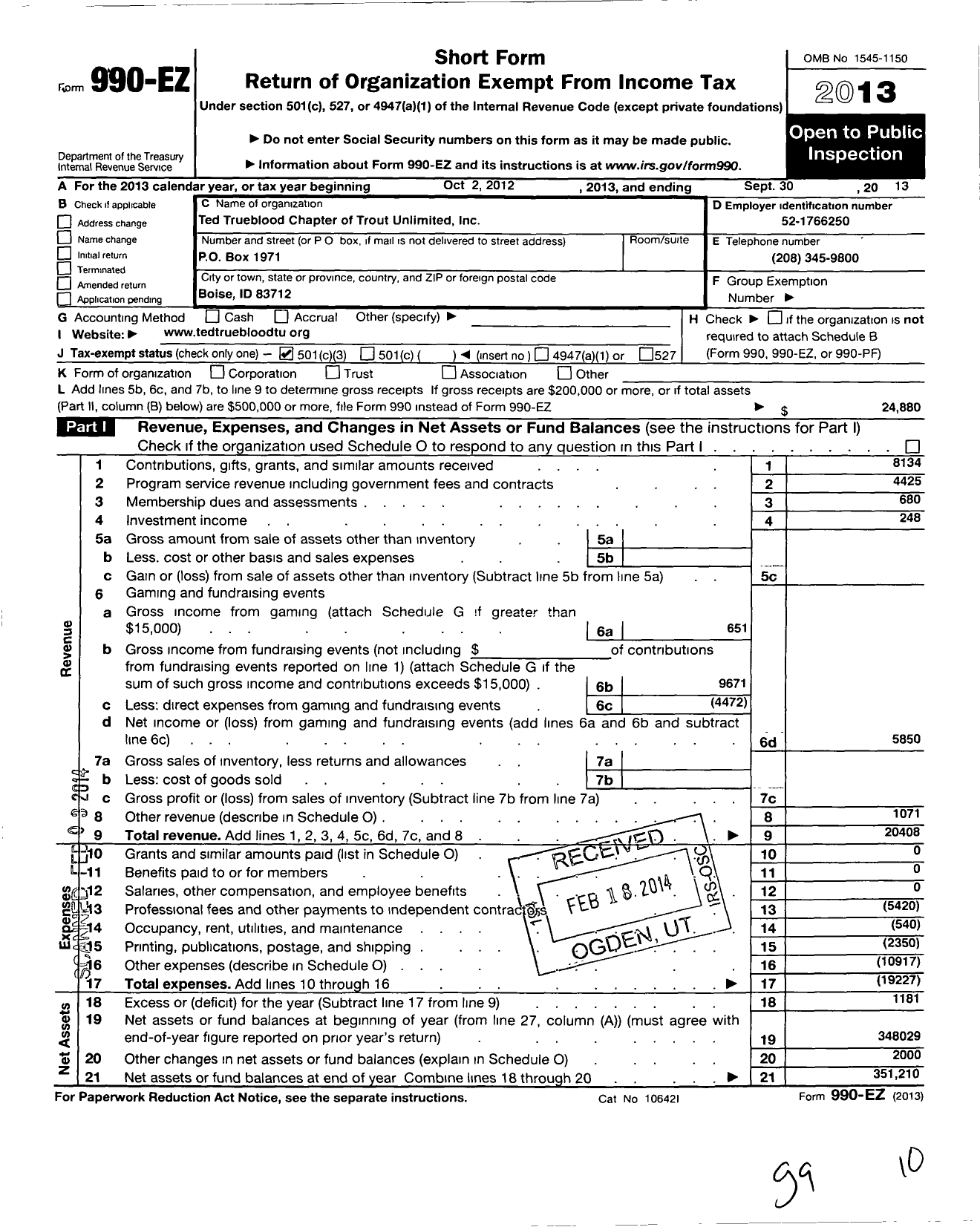 Image of first page of 2012 Form 990EZ for Trout Unlimited - 523 Ted Trueblood