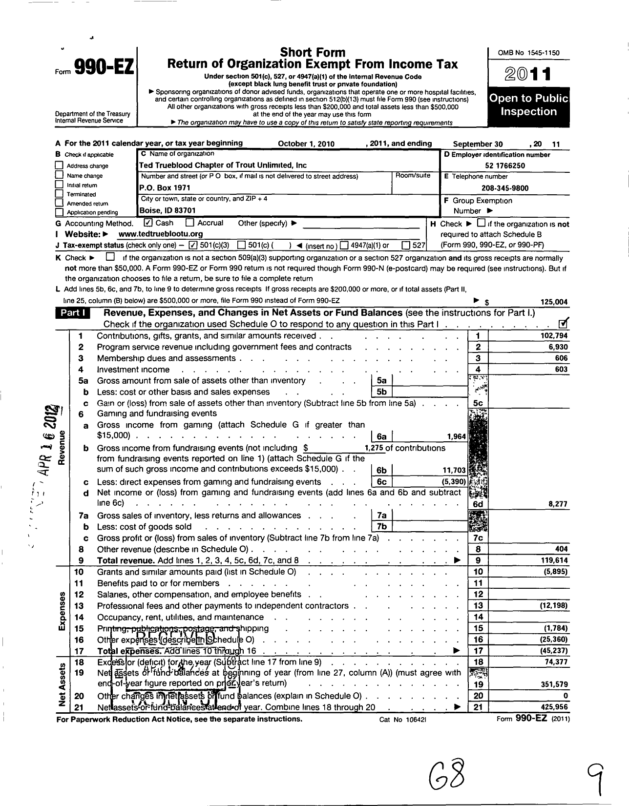 Image of first page of 2010 Form 990EZ for Trout Unlimited - 523 Ted Trueblood