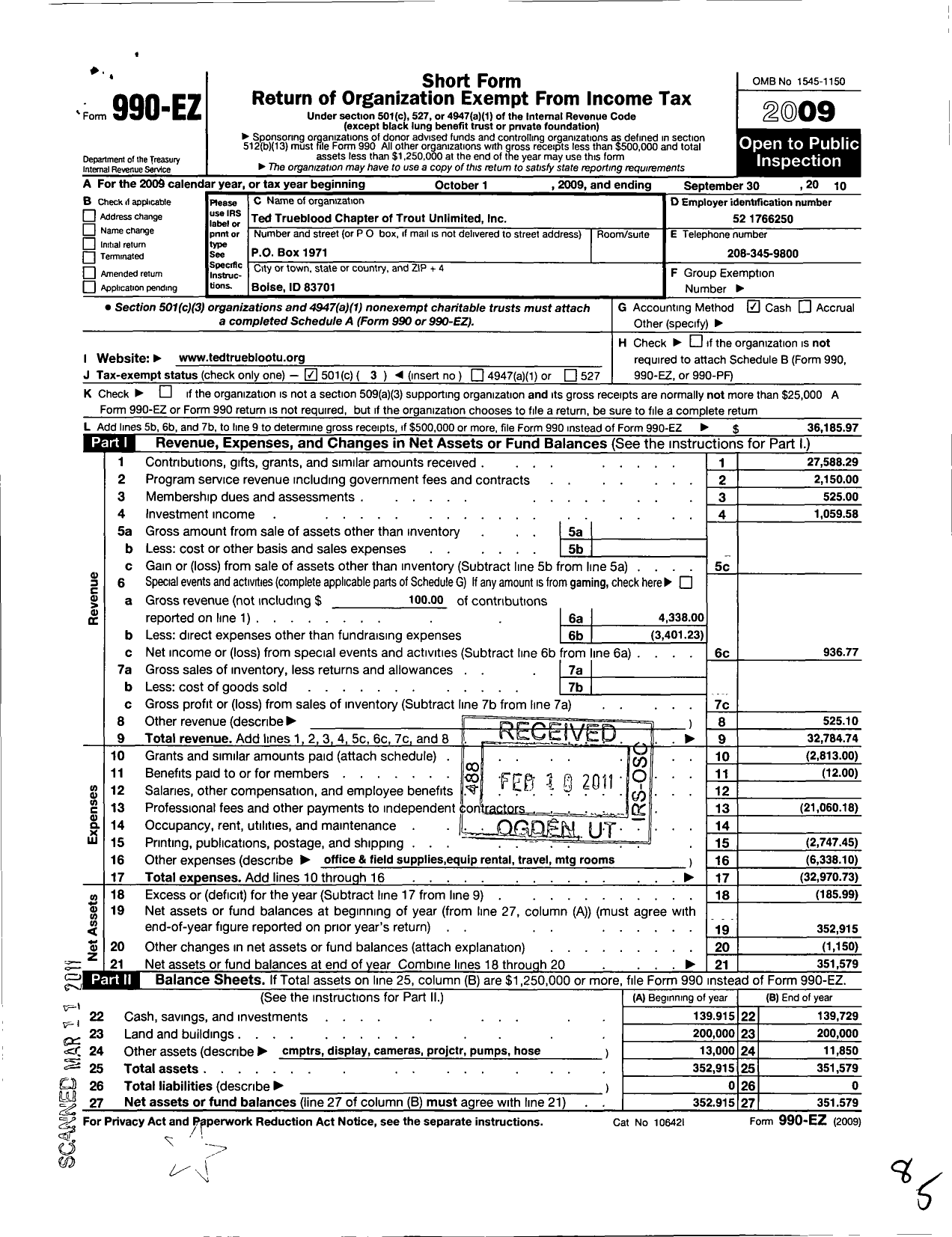 Image of first page of 2009 Form 990EZ for Trout Unlimited - 523 Ted Trueblood