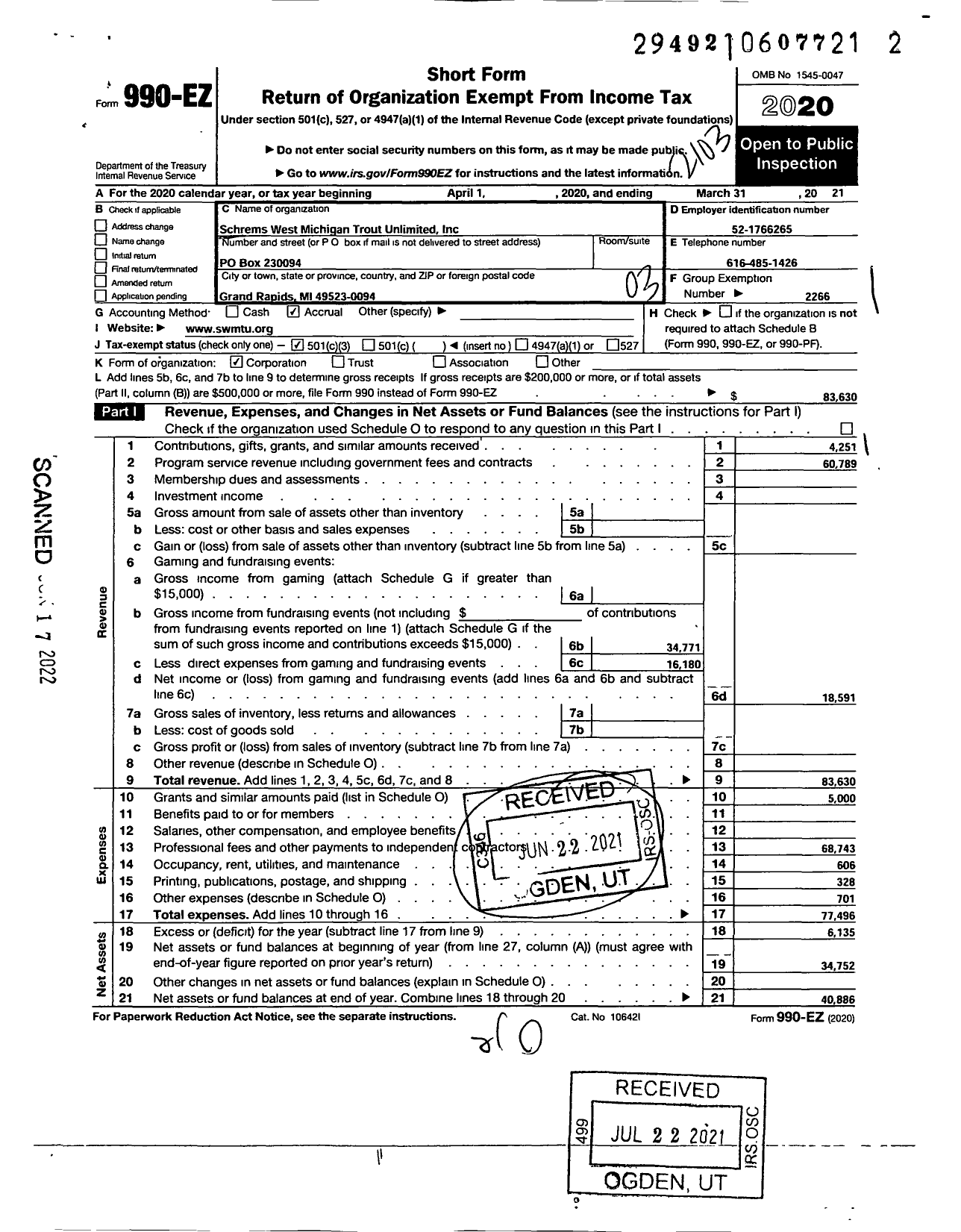 Image of first page of 2020 Form 990EZ for Trout Unlimited - 021 Schrems West Michigan