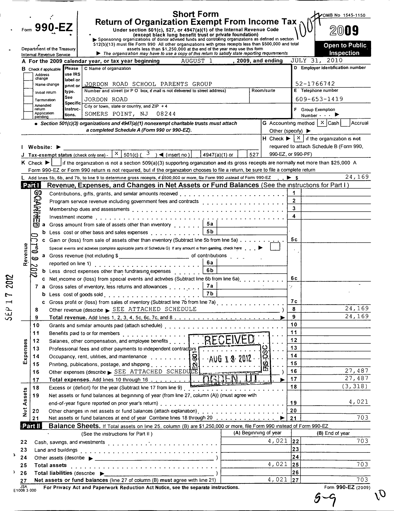Image of first page of 2009 Form 990EZ for Somers Point Parent Teacher Organization