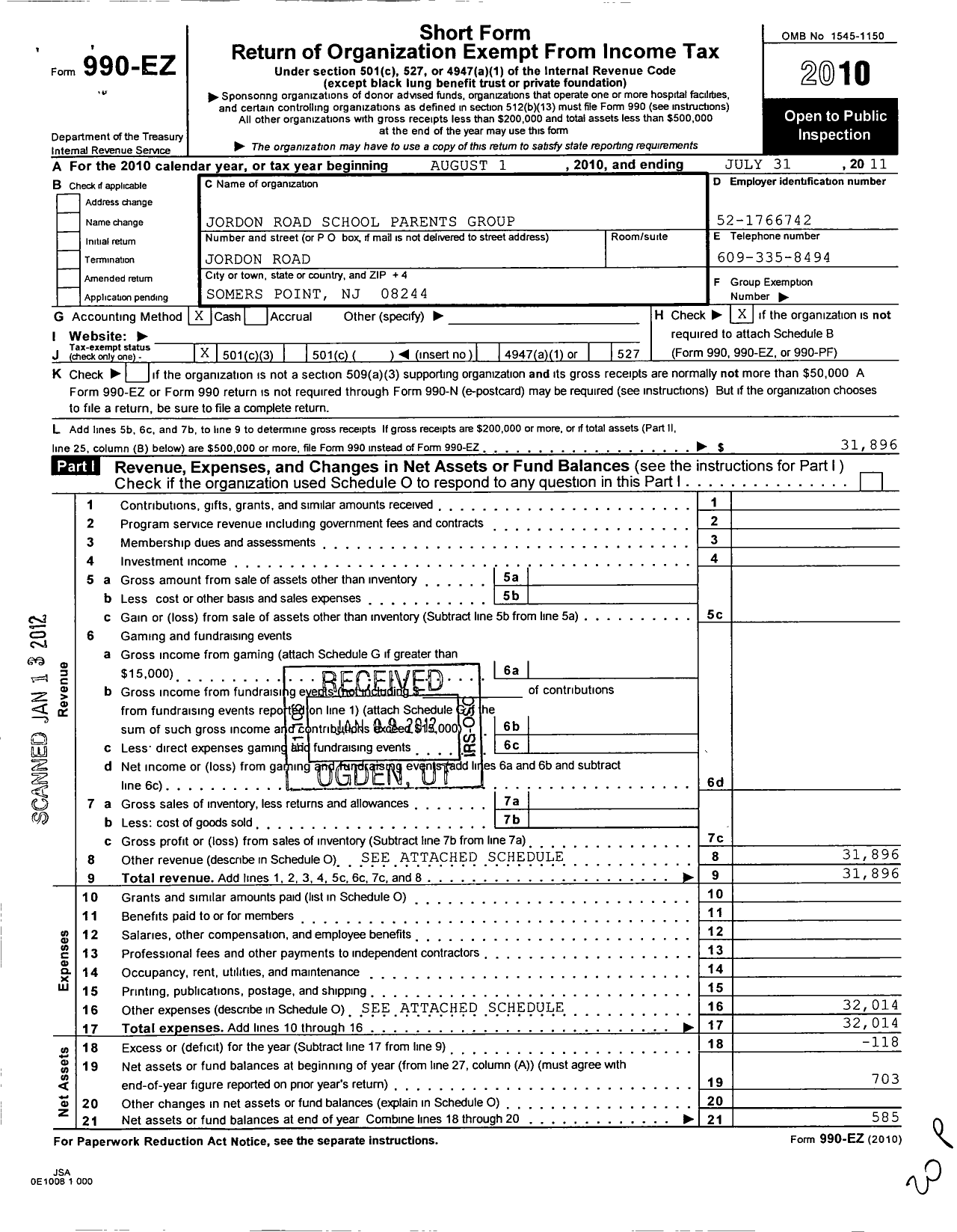 Image of first page of 2010 Form 990EZ for Somers Point Parent Teacher Organization