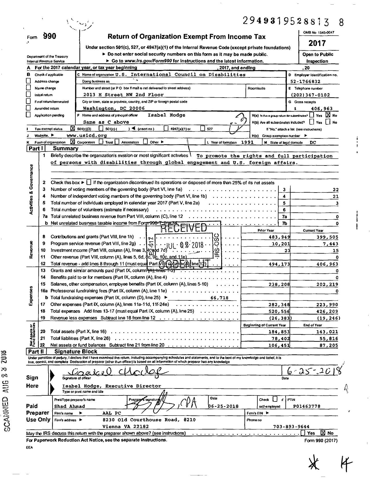 Image of first page of 2017 Form 990 for United States International Council on Disabilities