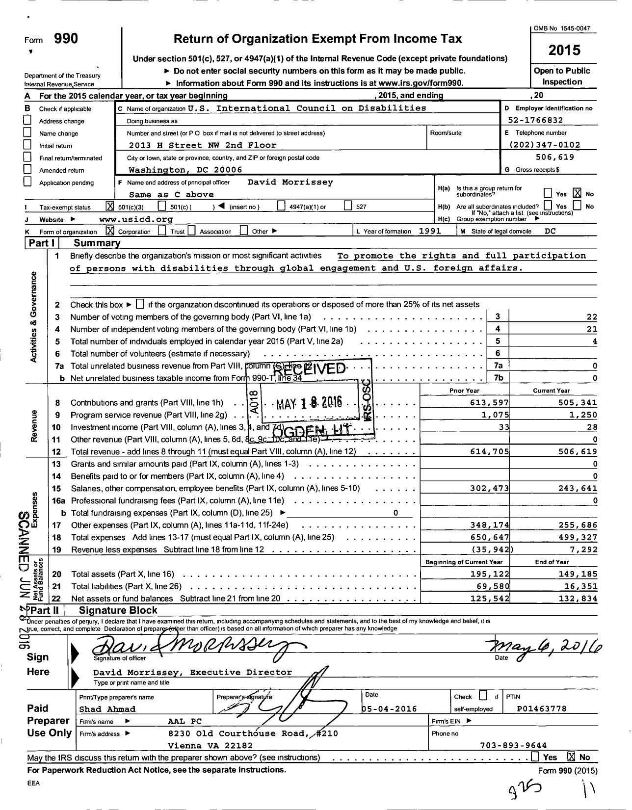 Image of first page of 2015 Form 990 for United States International Council on Disabilities