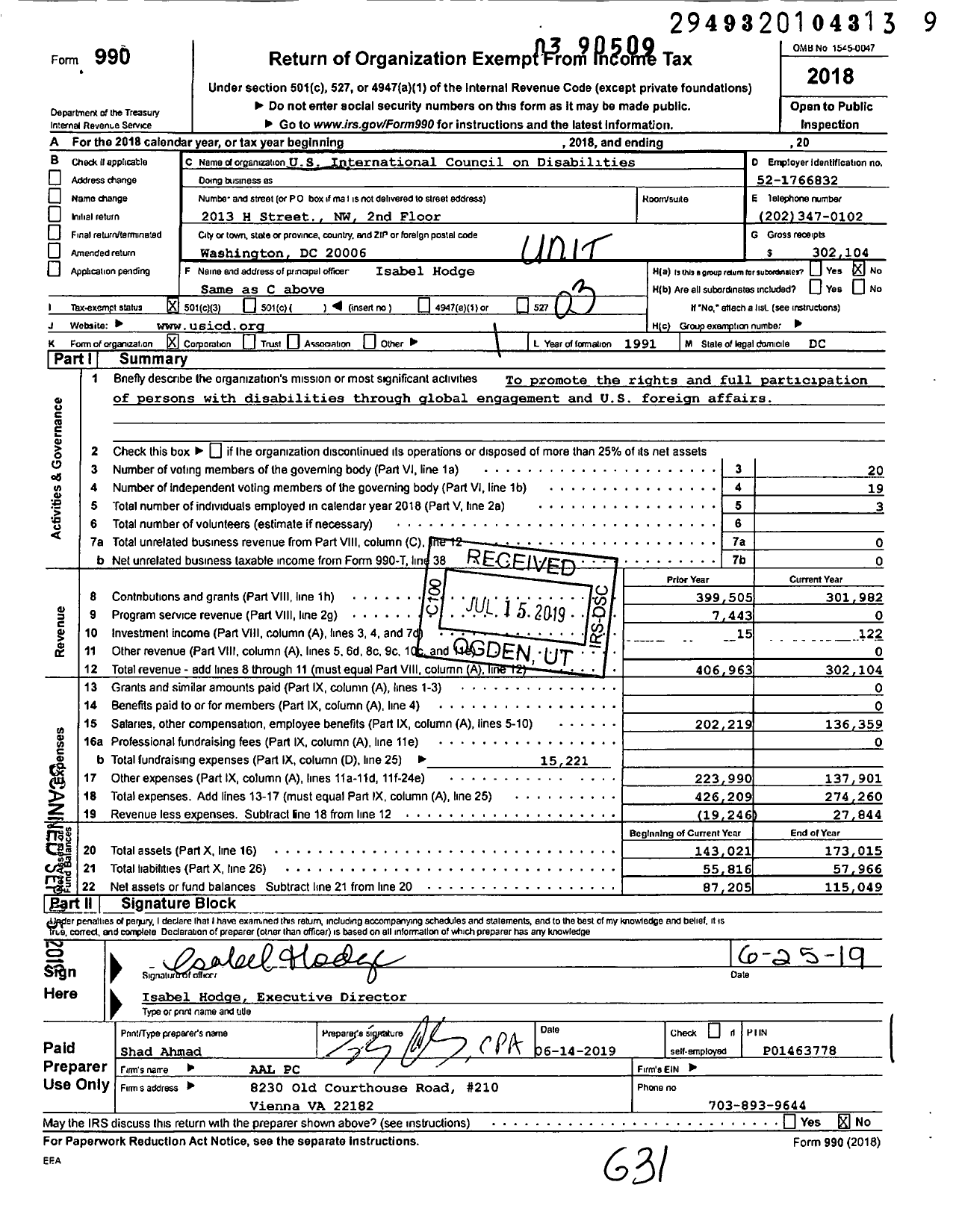 Image of first page of 2018 Form 990 for United States International Council on Disabilities