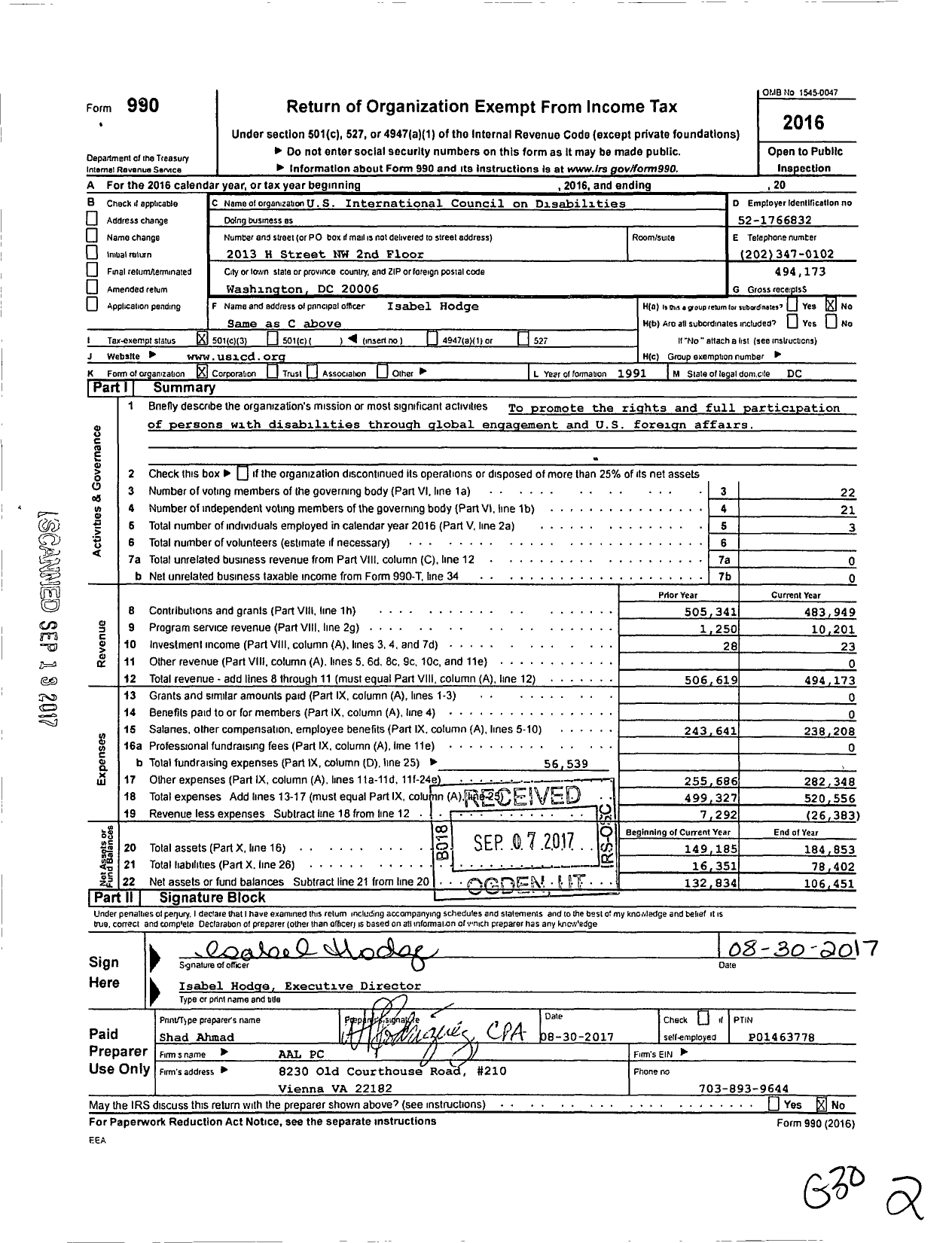 Image of first page of 2016 Form 990 for United States International Council on Disabilities