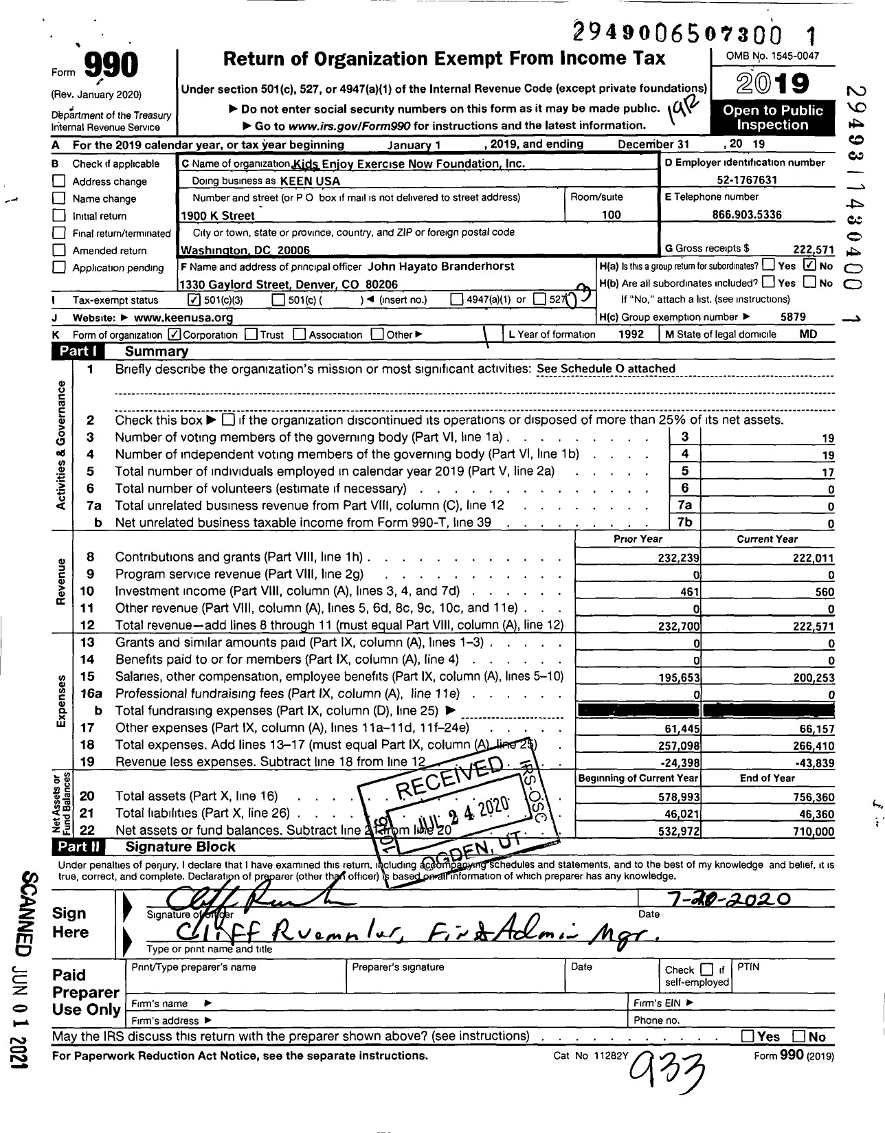 Image of first page of 2019 Form 990 for Kids Enjoy Exercise Now