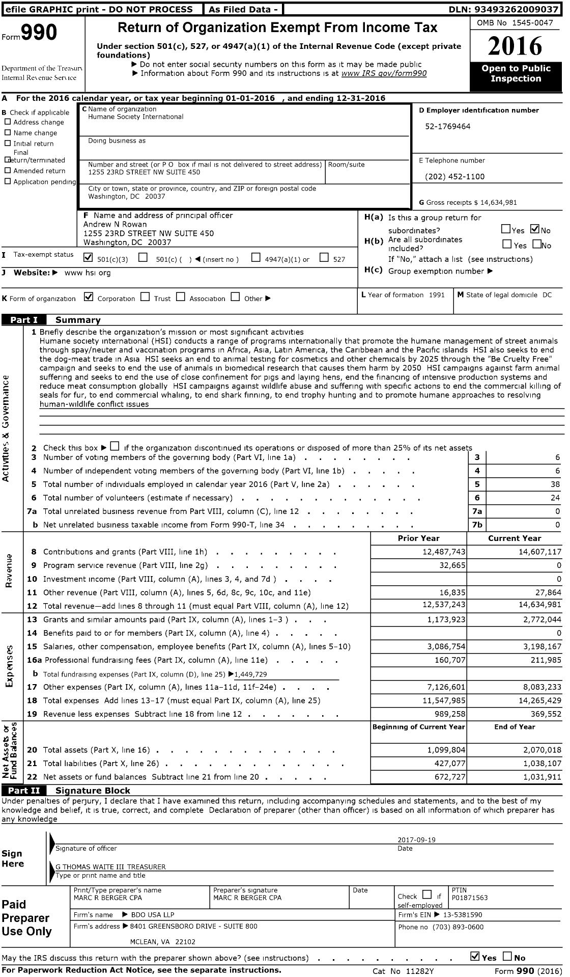 Image of first page of 2016 Form 990 for Humane Society International (HSI)