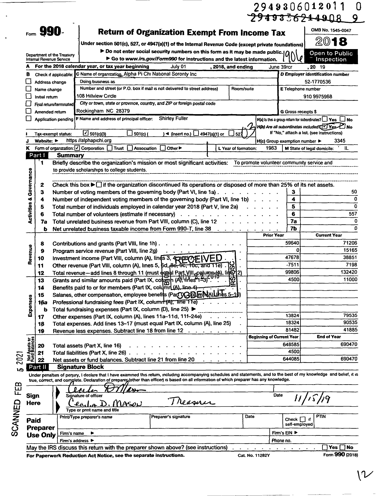 Image of first page of 2018 Form 990 for Alpha Pi Chi National Sorority