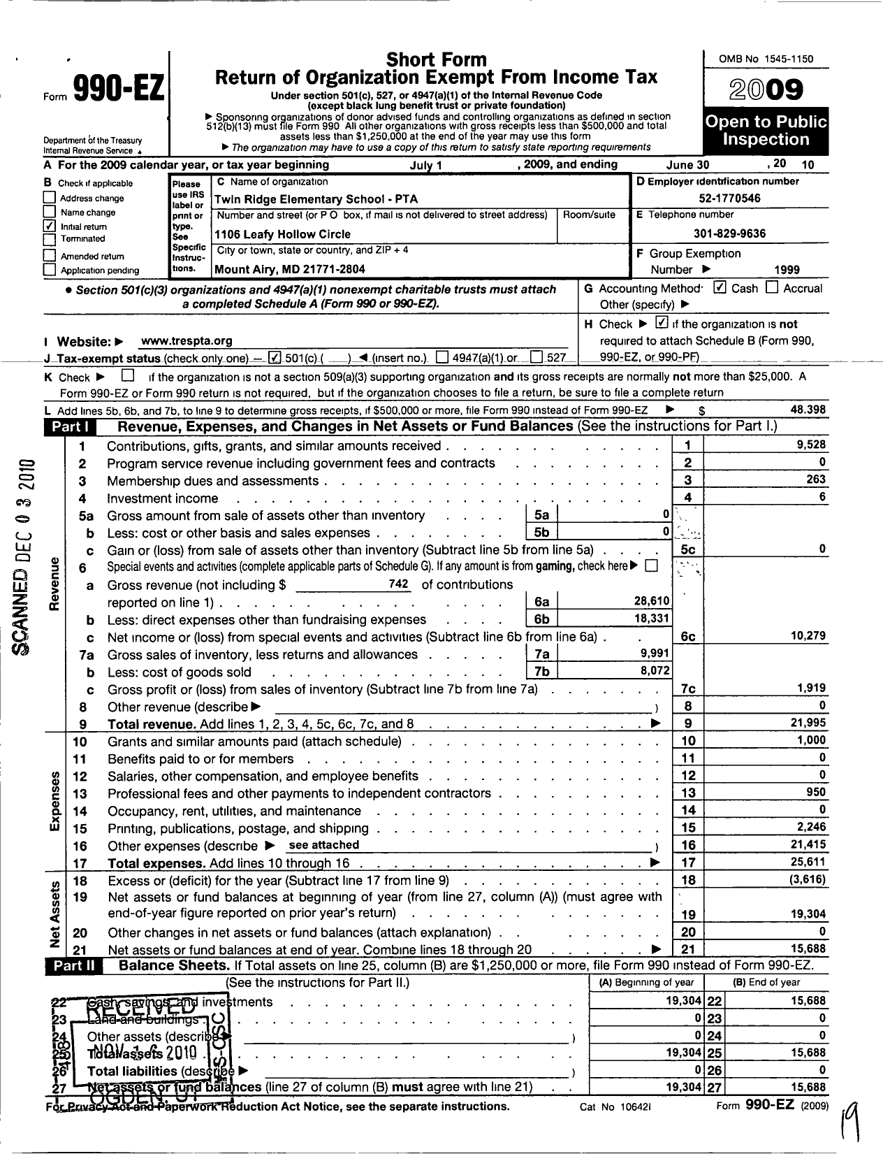 Image of first page of 2009 Form 990EO for Twin Ridge Elementary School PTA