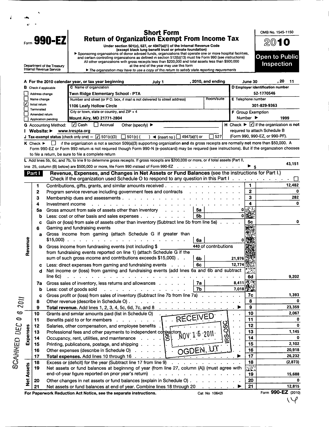 Image of first page of 2010 Form 990EZ for Twin Ridge Elementary School PTA