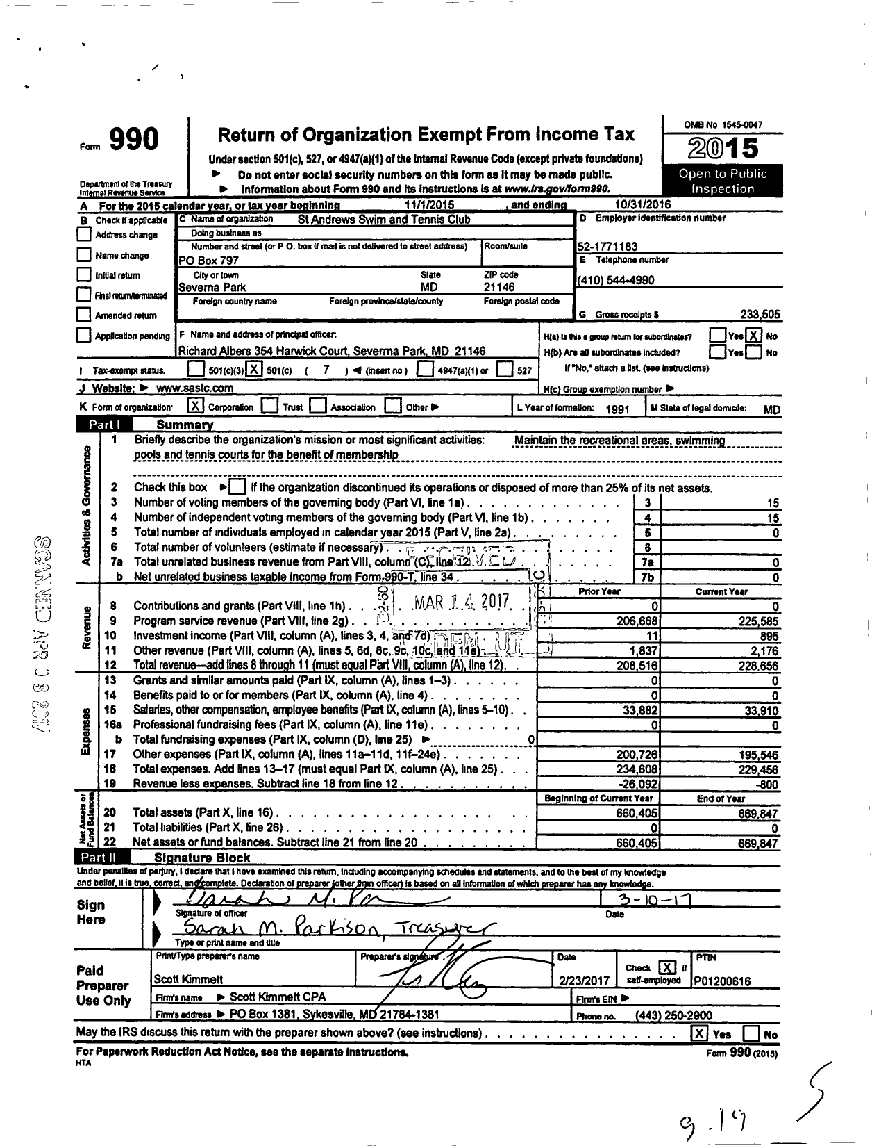 Image of first page of 2015 Form 990O for St Andrews Swim and Tennis Club