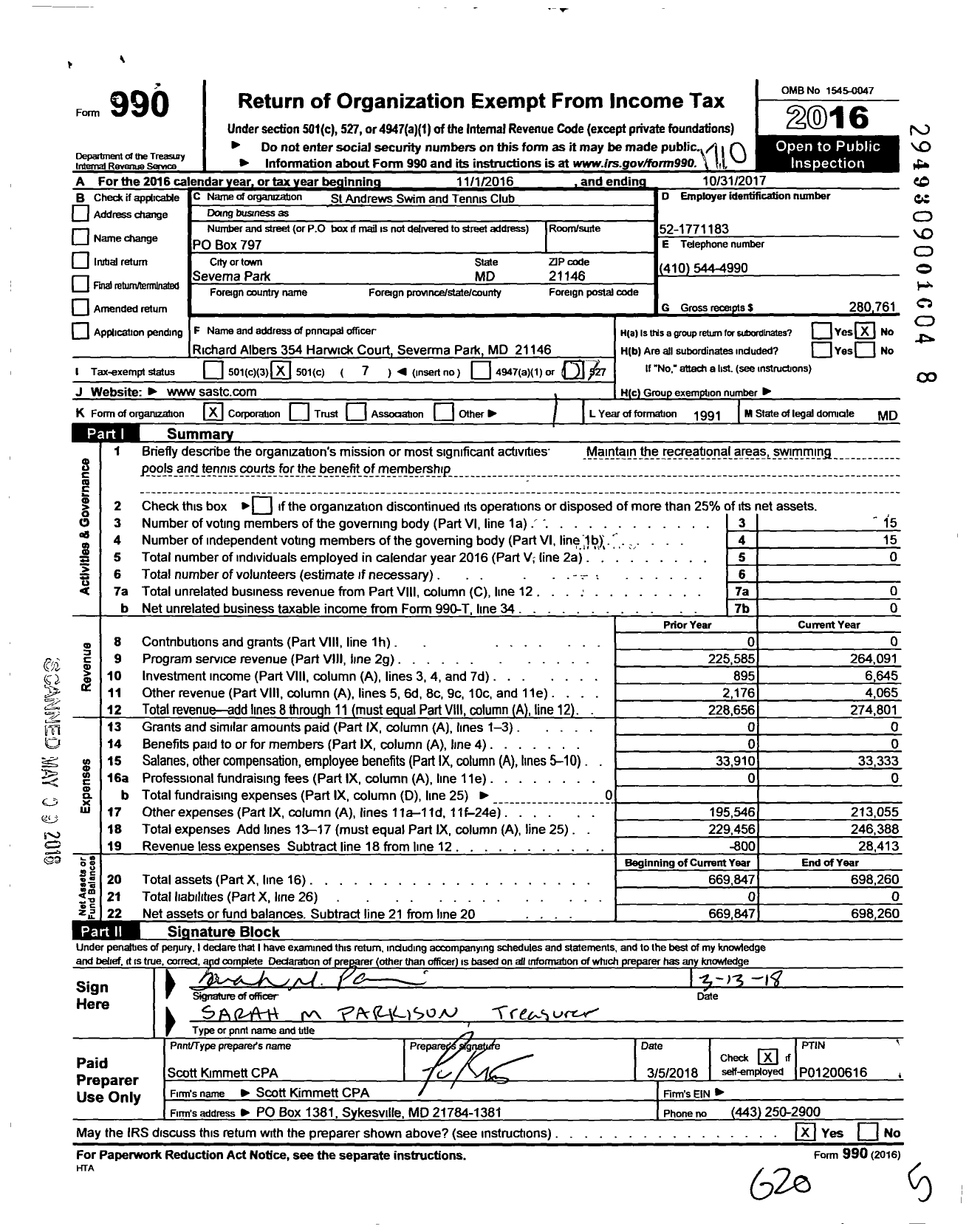 Image of first page of 2016 Form 990O for St Andrews Swim and Tennis Club