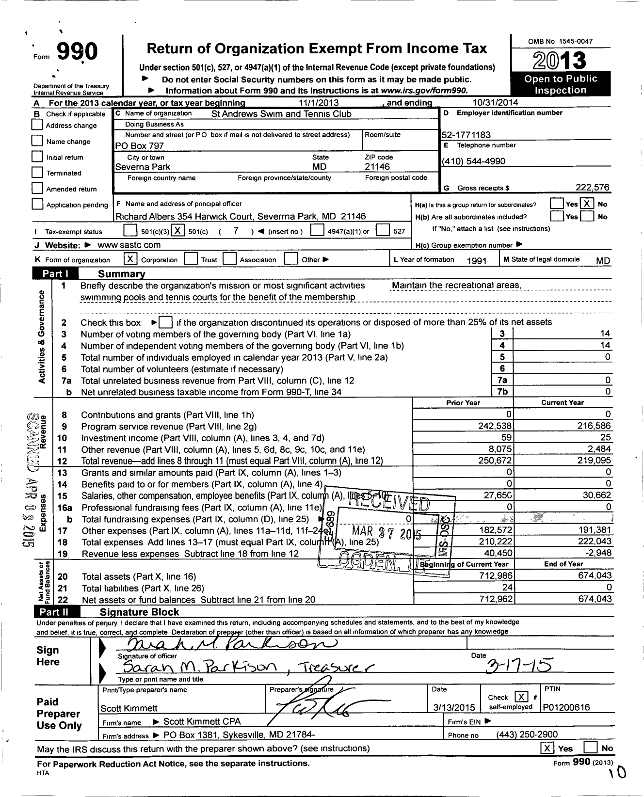 Image of first page of 2013 Form 990O for St Andrews Swim and Tennis Club