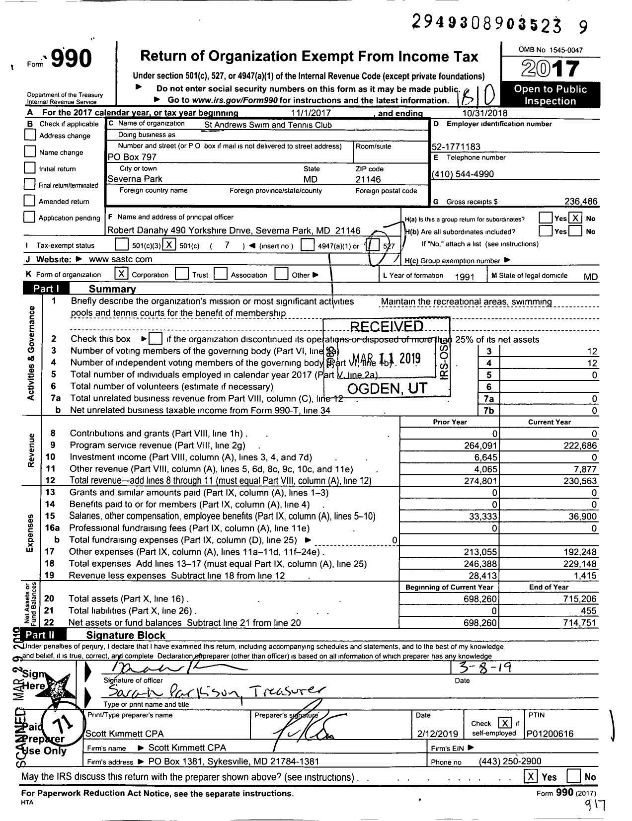 Image of first page of 2017 Form 990O for St Andrews Swim and Tennis Club