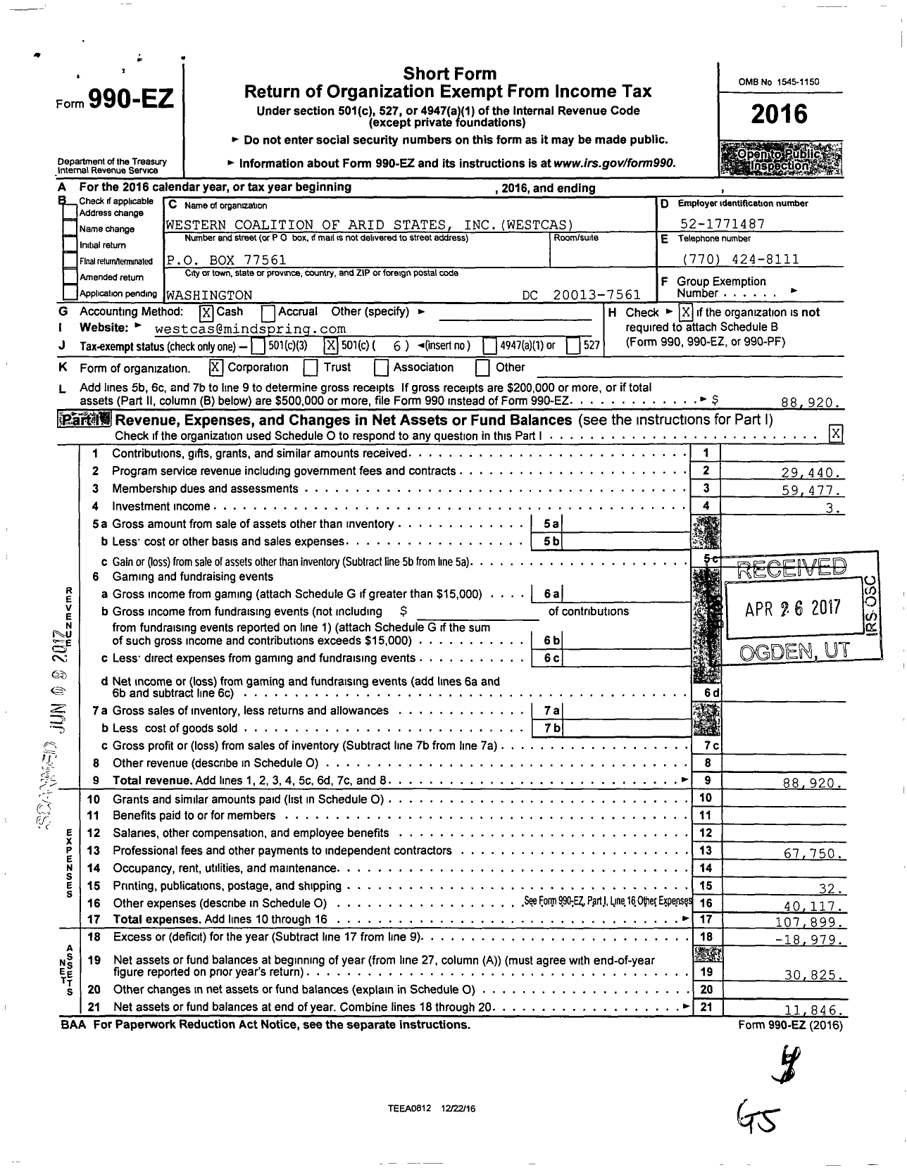 Image of first page of 2016 Form 990EO for Western Coalition of Arid States