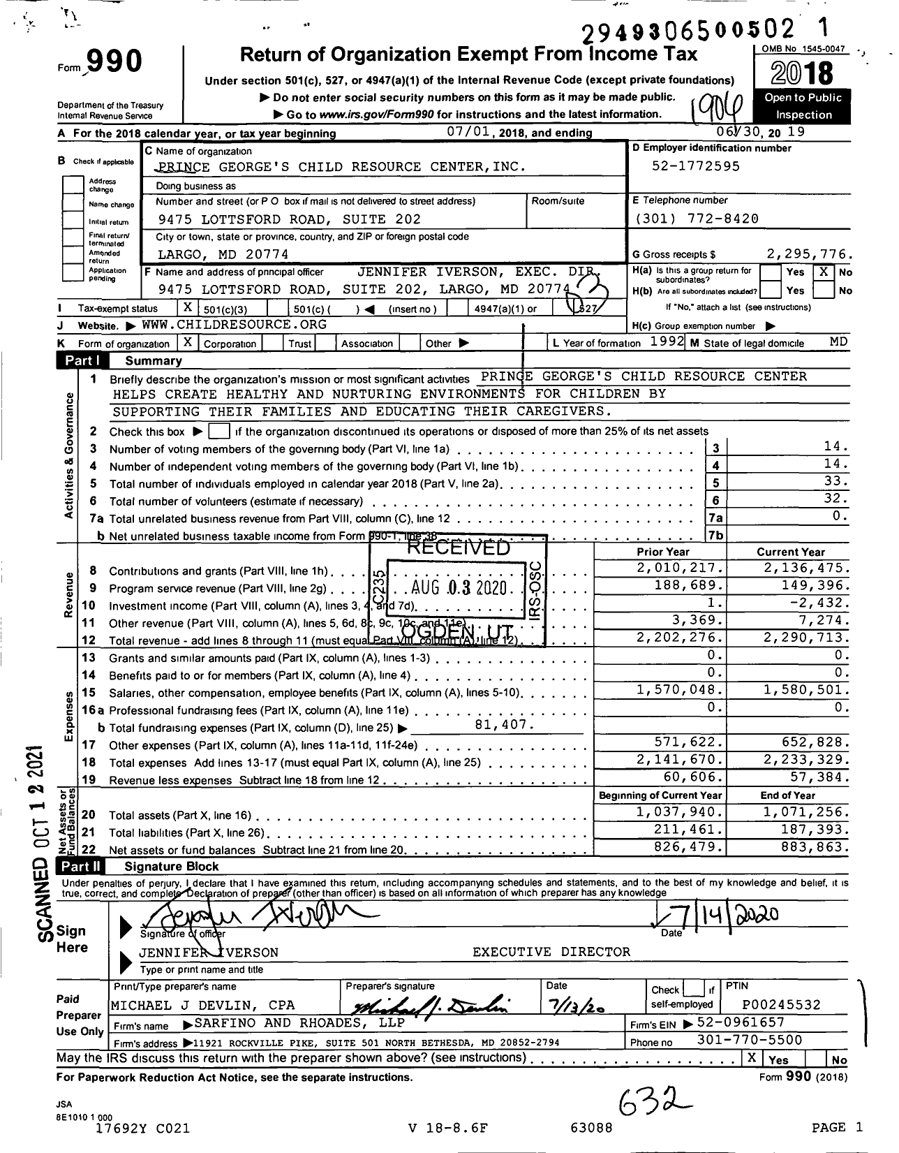 Image of first page of 2018 Form 990 for Prince George's Child Resource Center