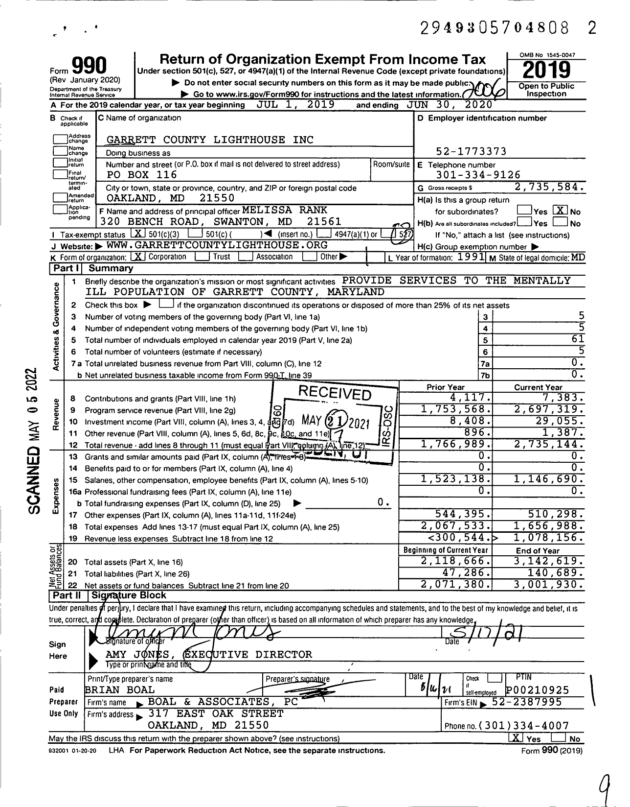 Image of first page of 2019 Form 990 for Garrett County Lighthouse