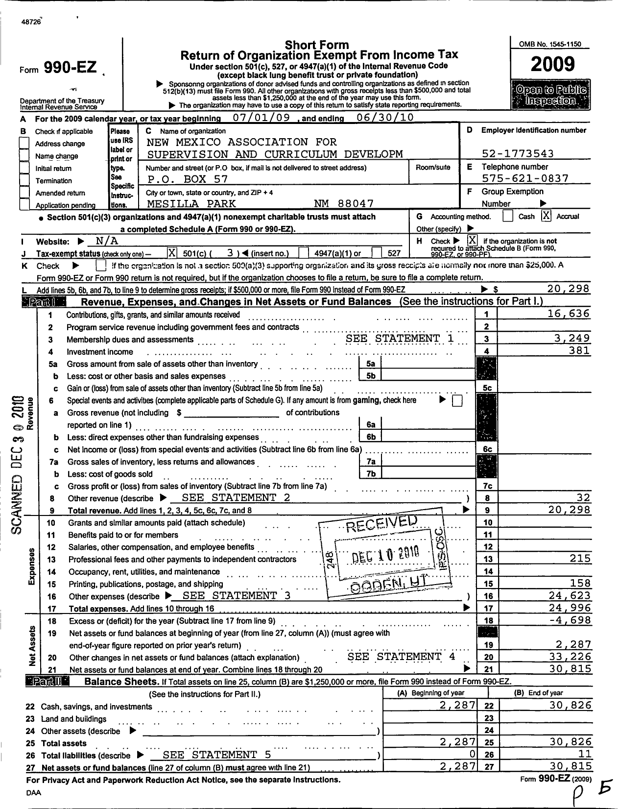 Image of first page of 2009 Form 990EZ for Association for Supervision and Curriculum Development / New Mexico Assoc