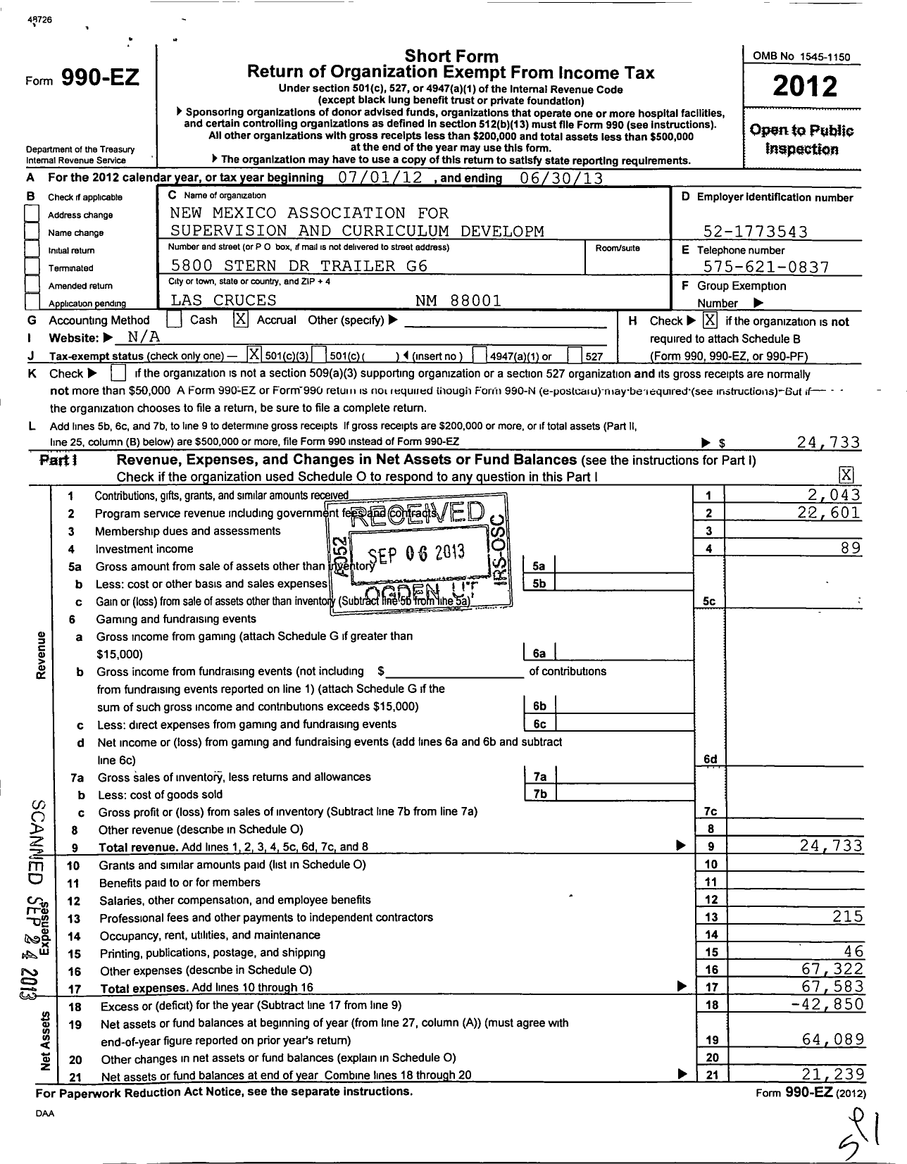 Image of first page of 2012 Form 990EZ for Association for Supervision and Curriculum Development / New Mexico Assoc