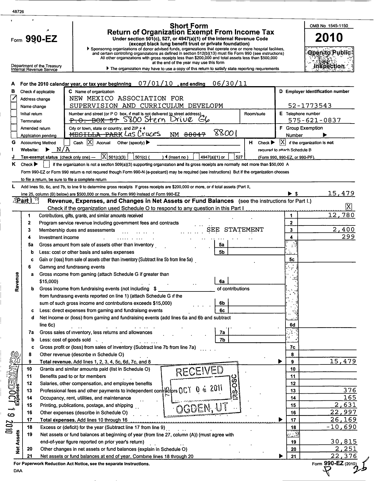 Image of first page of 2010 Form 990EZ for Association for Supervision and Curriculum Development / New Mexico Assoc