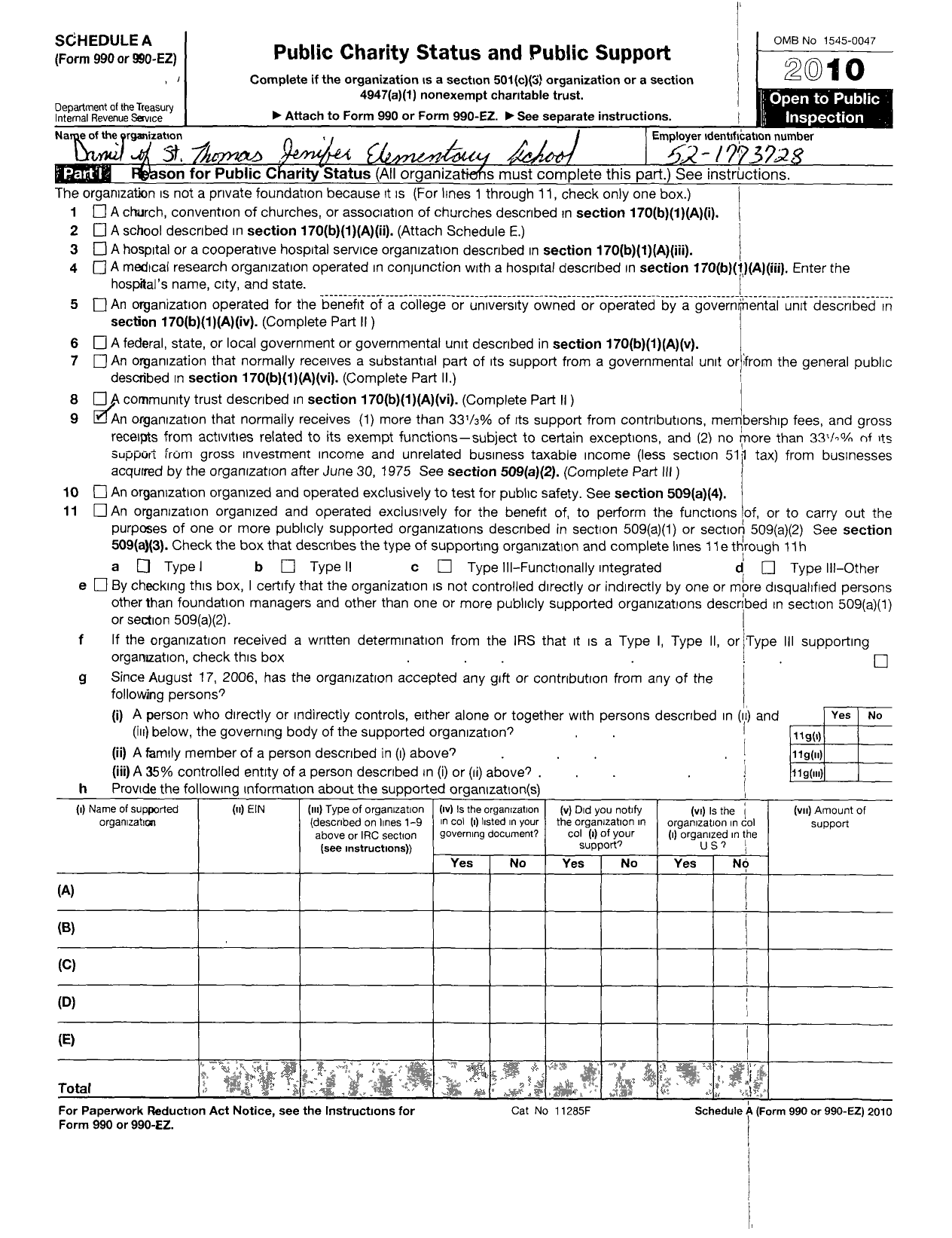 Image of first page of 2010 Form 990ER for PTA Maryland Congress of Parent and Teachers / Daniel of St Thomas Jenifer School