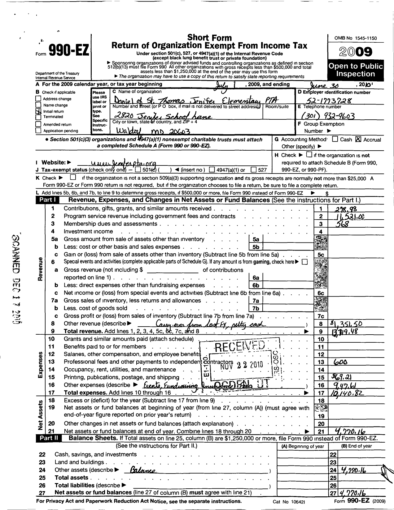 Image of first page of 2009 Form 990EO for PTA Maryland Congress of Parent and Teachers / Daniel of St Thomas Jenifer School